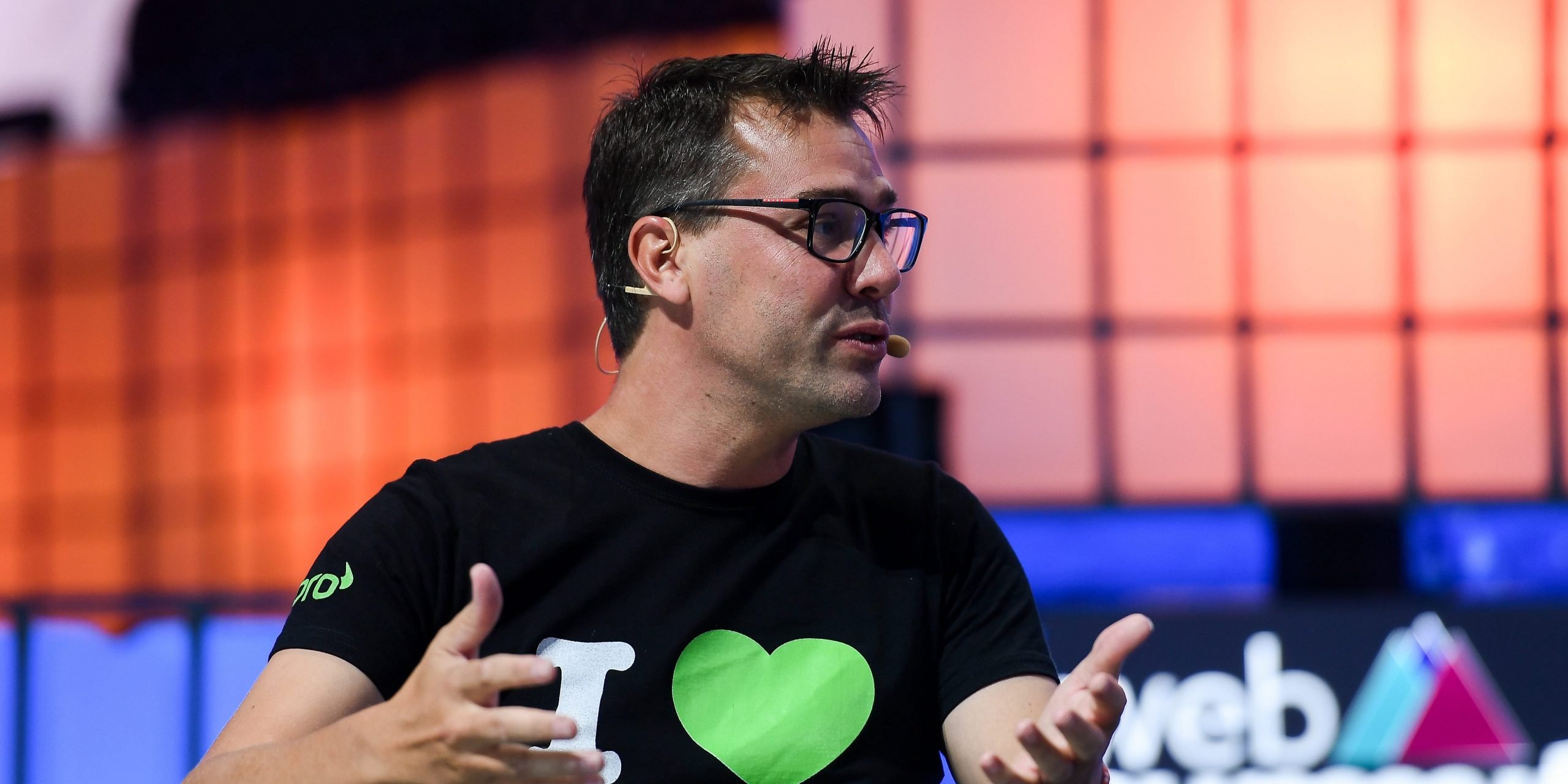 Yoni Assia, cofounder & CEO of eToro, on Centre Stage during the final day of Web Summit 2019 at the Altice Arena in Lisbon, Portugal.