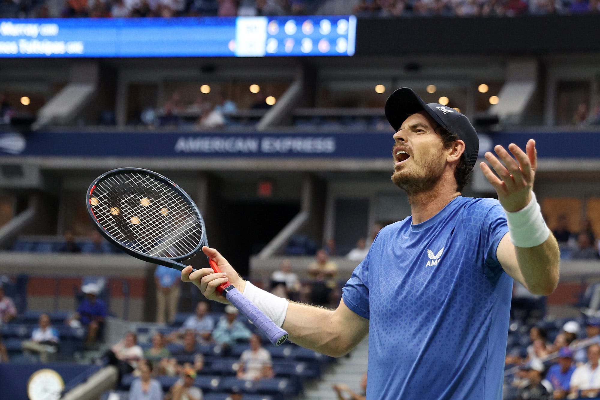 Andy Murray of United Kingdom reacts against Stefanos Tsitsipas of Greece during their men's singles first round match on Day One of the 2021 US Open at the Billie Jean King National Tennis Center on August 30, 2021 in the Flushing neighborhood of the Queens borough of New York City