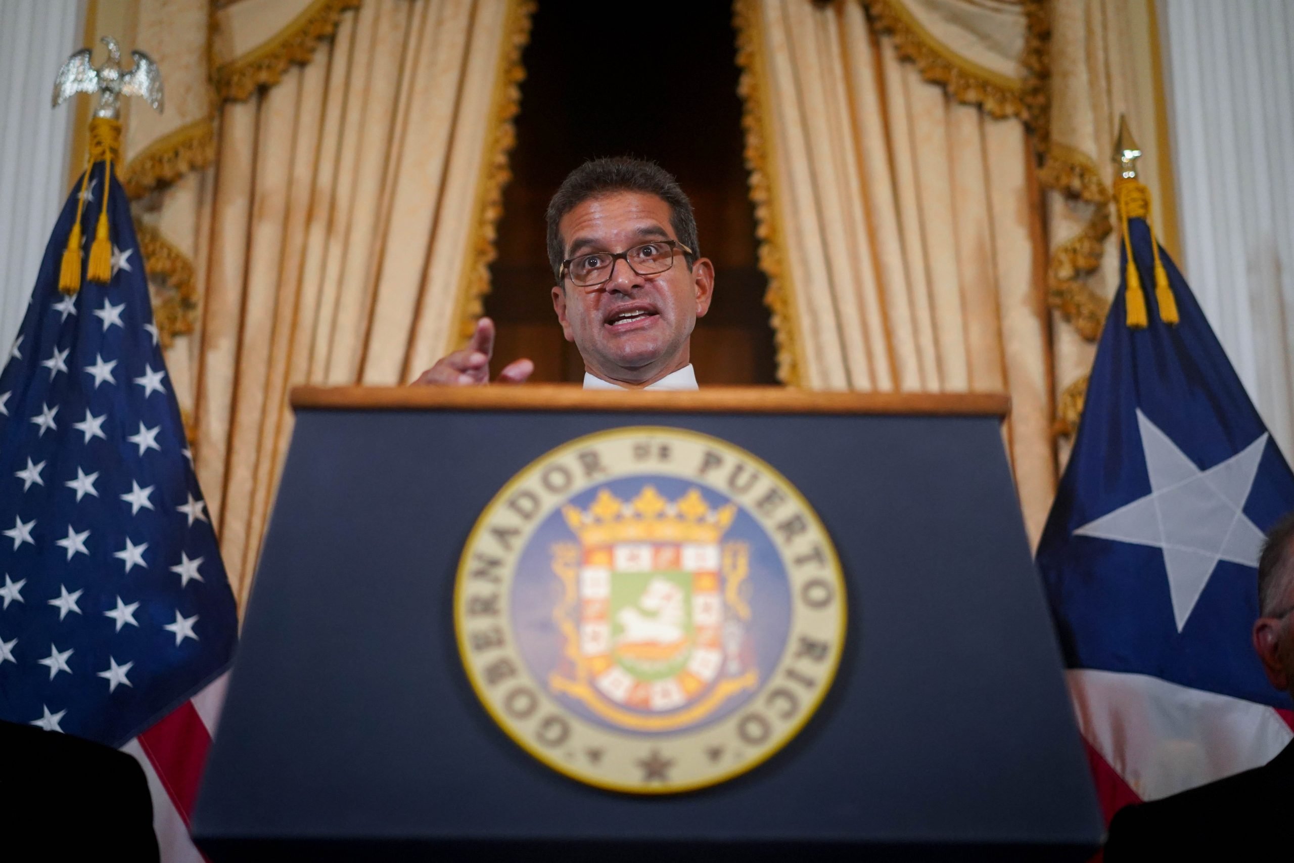 Puerto Rico interim governor Pedro Pierluisi answers questions during a press conference on his first day in the government's mansion on August 2, 2019 in San Juan, Puerto Rico.