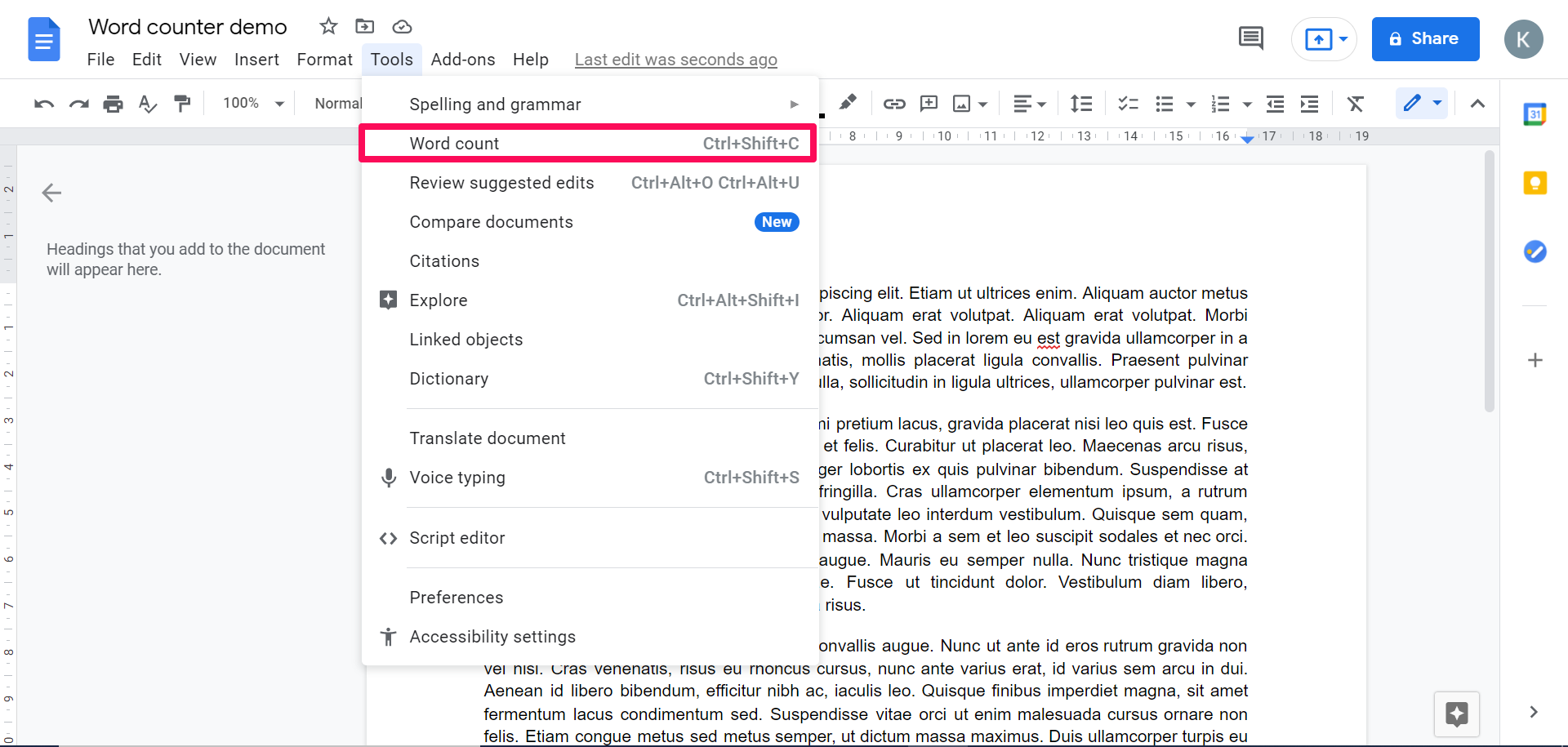 A screenshot of a Google Doc on desktop with a box around the "Word count" option in the "Tools" drop-down menu