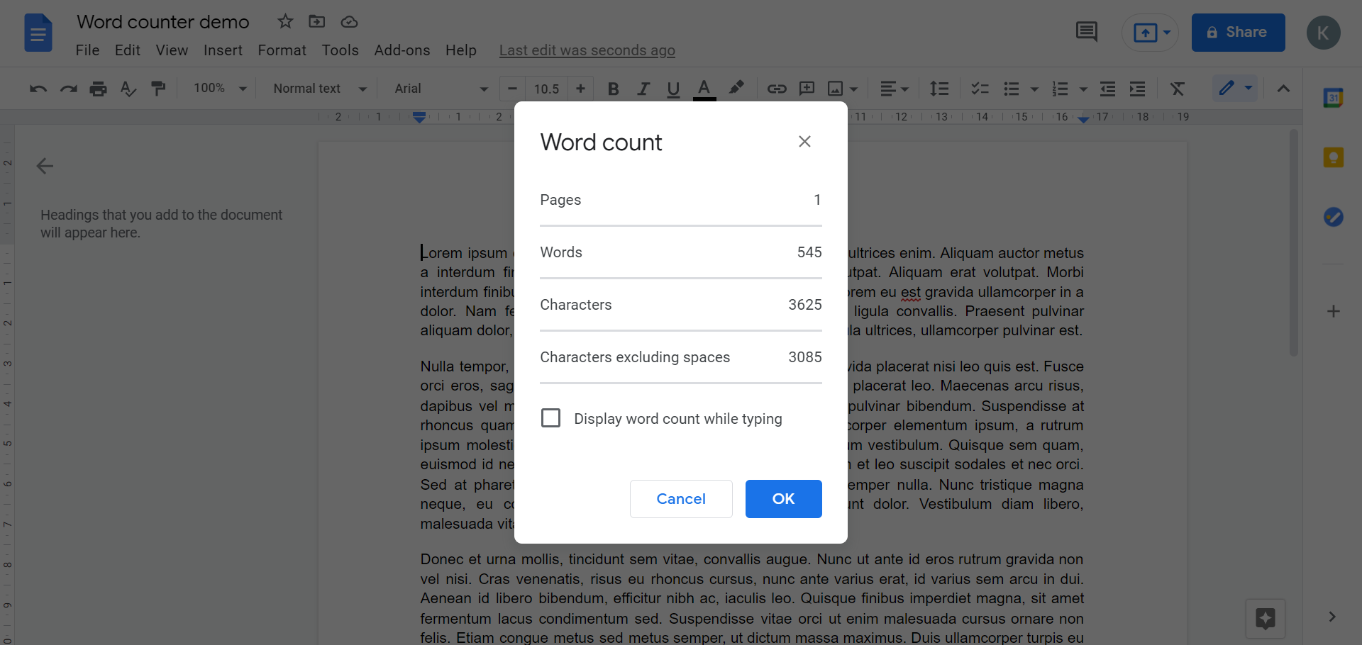 A screenshot of a Google Doc on desktop with the Word count tool pop-up open.