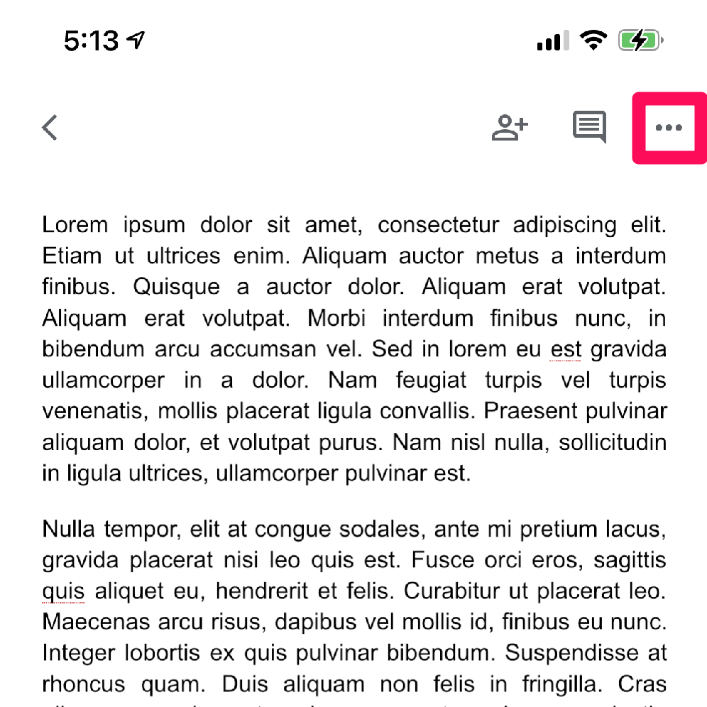 A screenshot of a Google Doc on mobile with a box around the three-dot menu icon on the upper right corner of the screen.