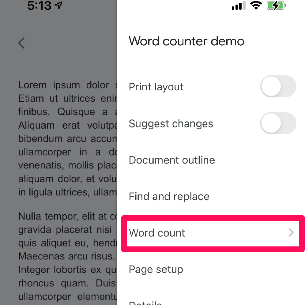 A screenshot of a Google Doc on mobile with the right sidebar menu open and a box around the "Word count" tool.