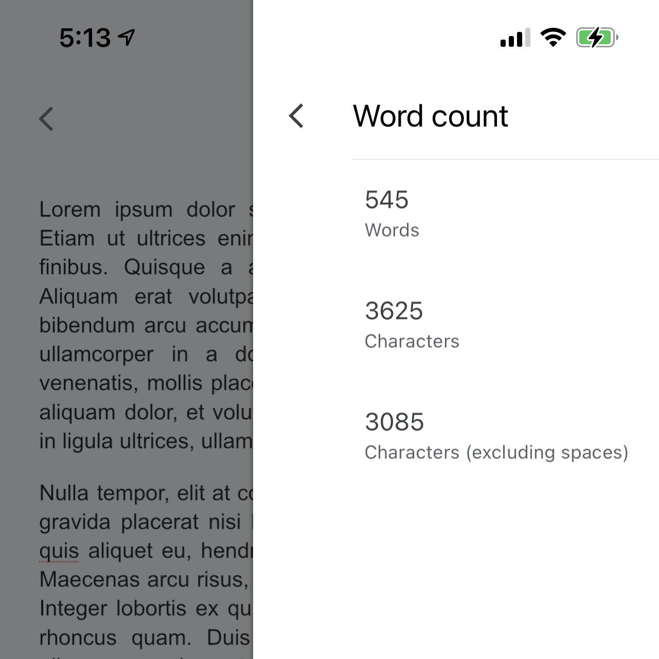 A screenshot of a Google Doc on mobile with the right sidebar Word count tool open.