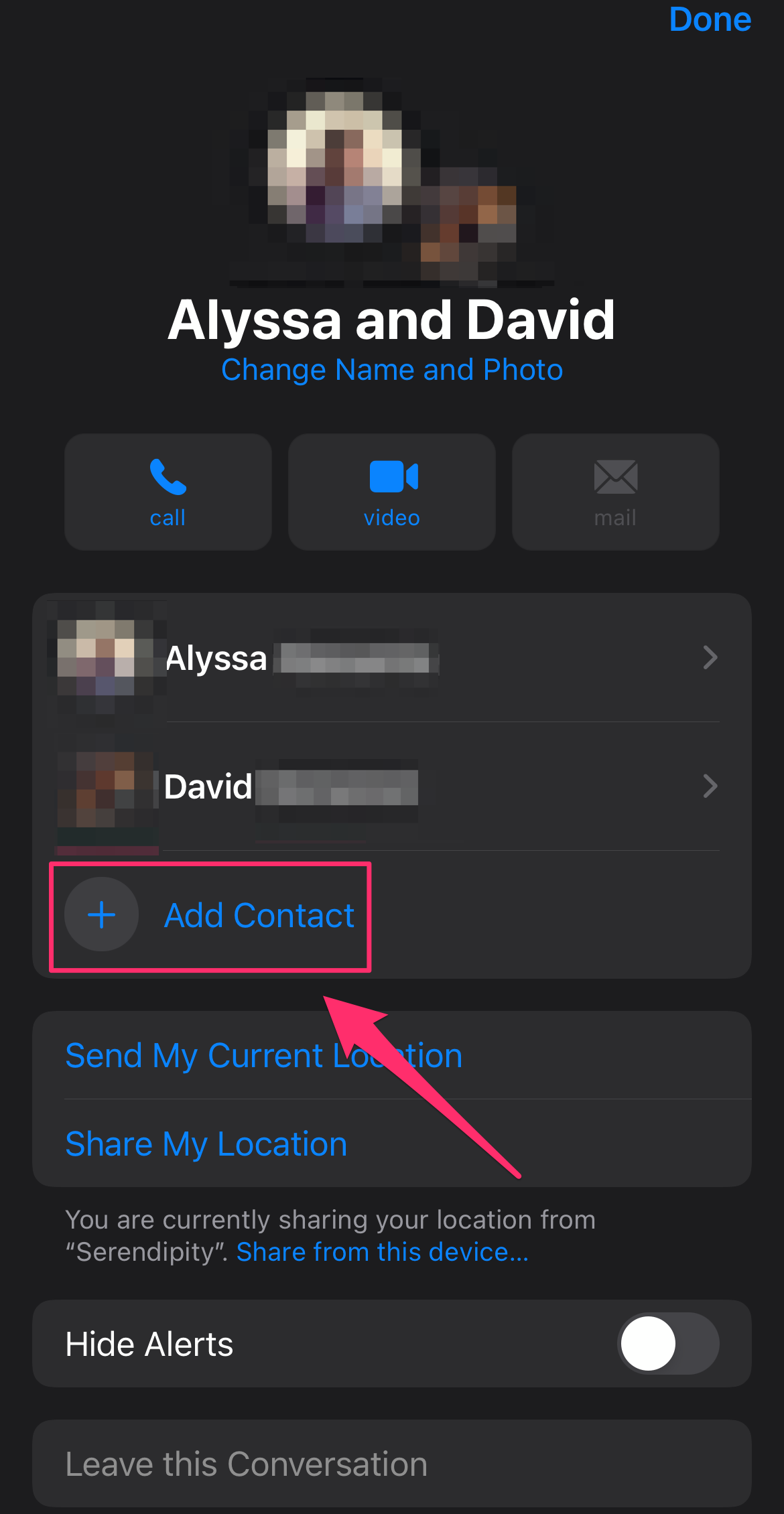 iPhone screenshot of an iMessage group menu with the Add Contact button highlighted