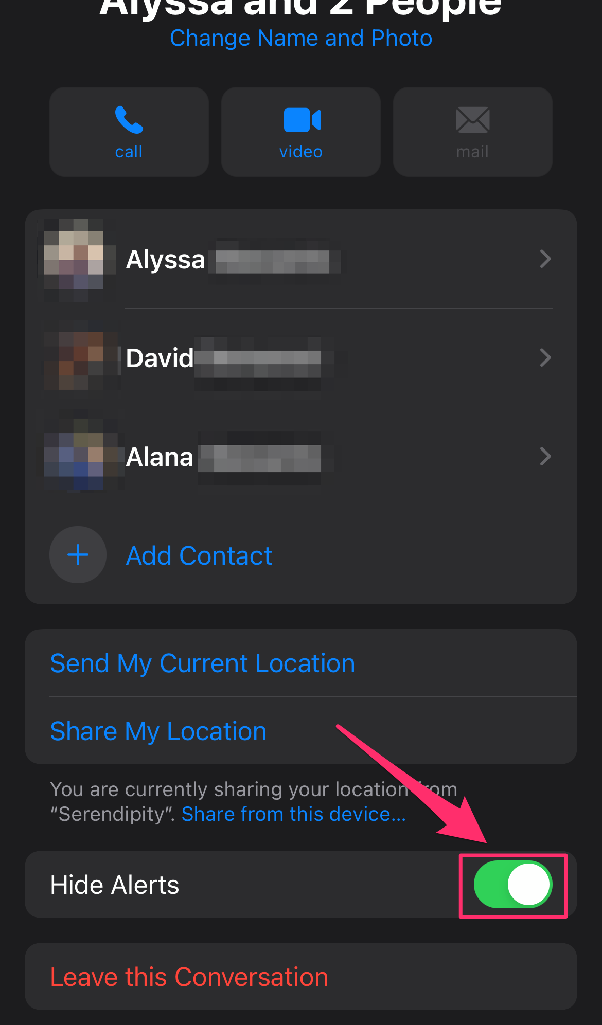 iPhone screenshot of an iMessage group menu with the Hide Alerts button highlighted