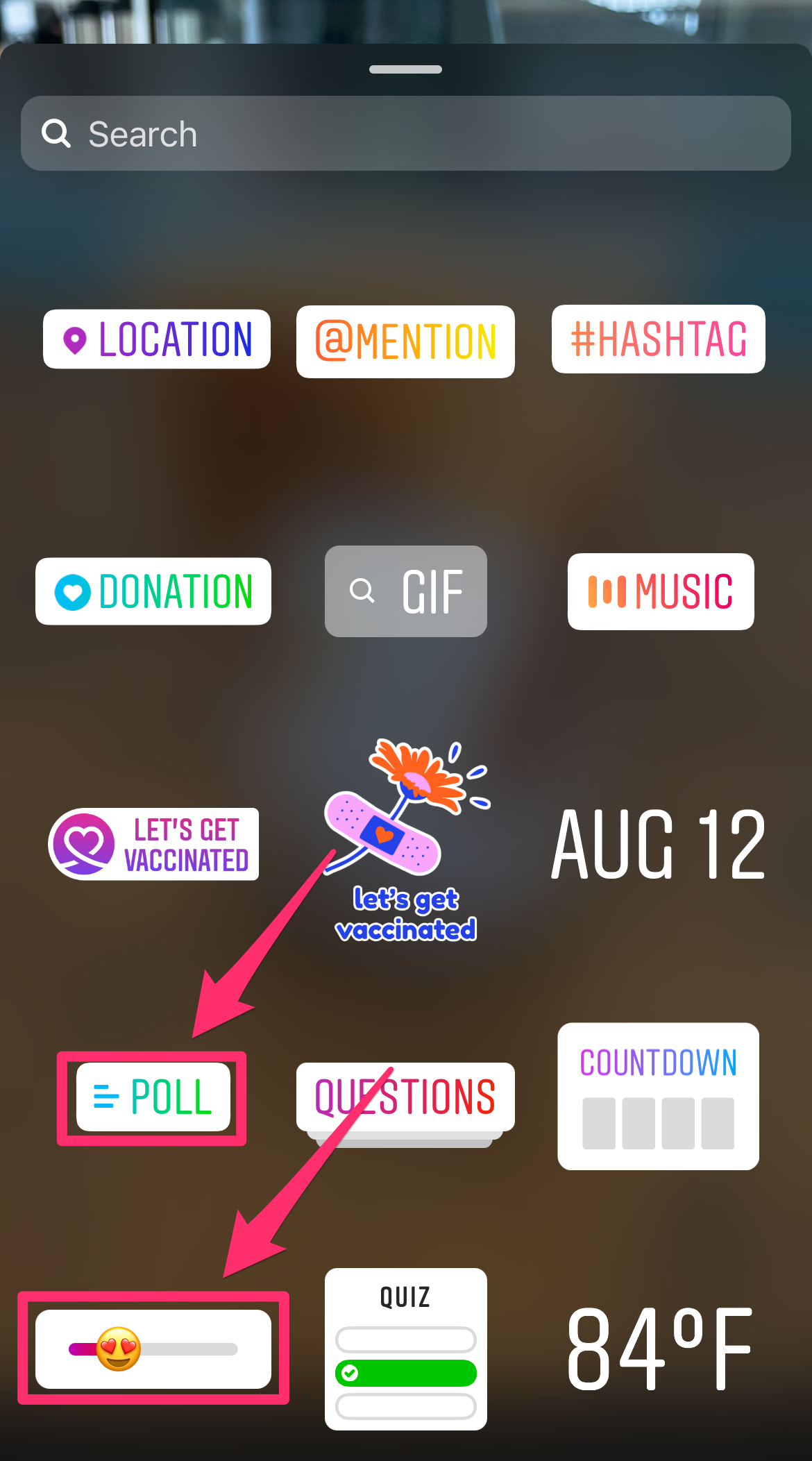 Screenshot of an Instagram story creation screen showing post addition options