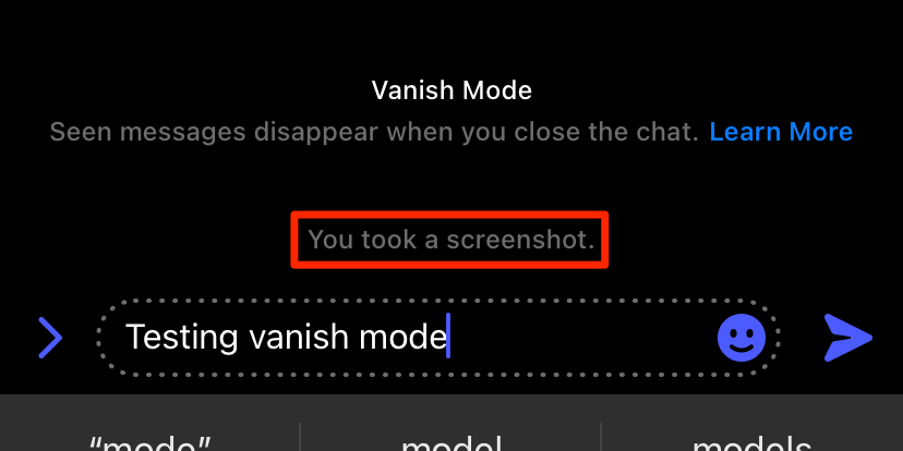 A screenshot of a black screen titled "Vanish Mode," along with a highlighted message that says "You took a screenshot."