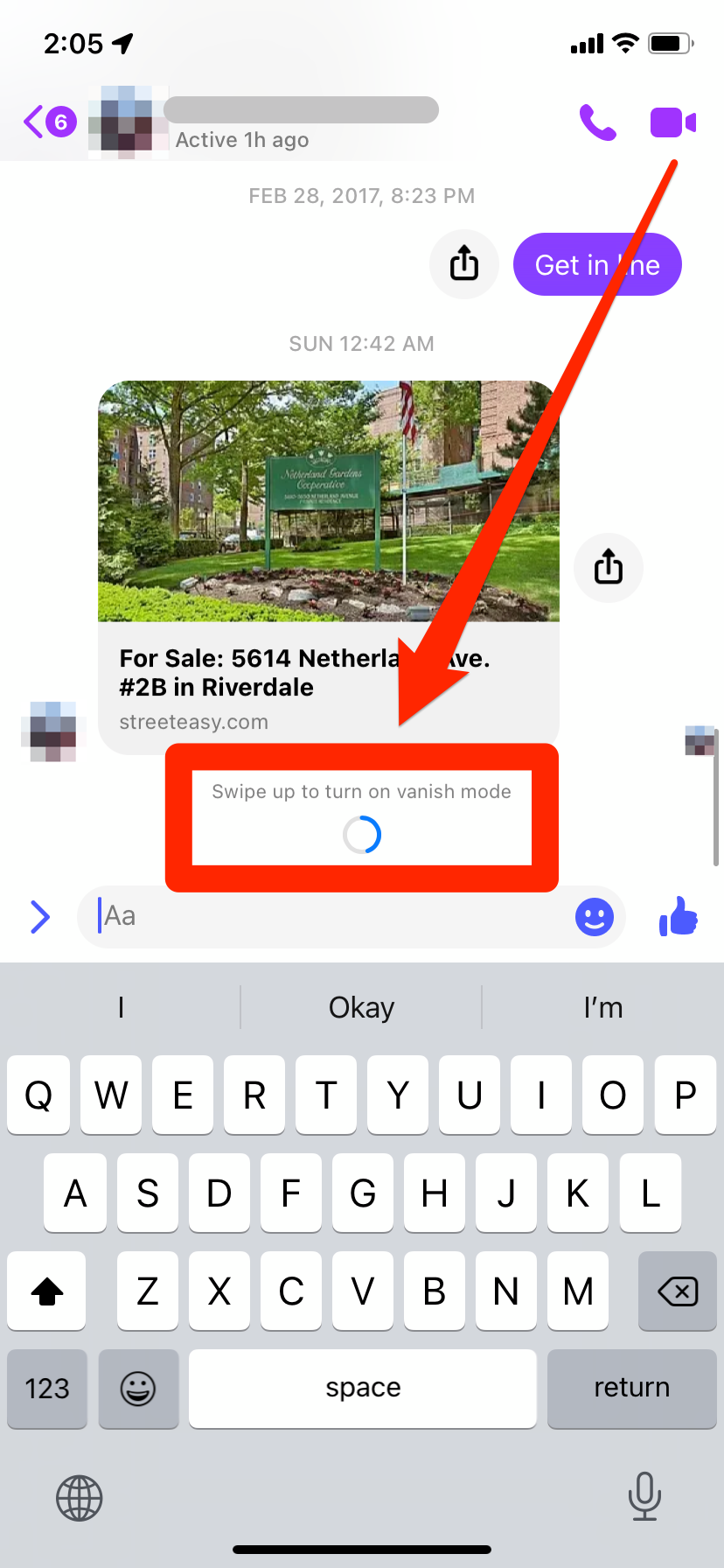 A Messenger conversation between two people. A message telling the user to swipe up to turn on Vanish Mode is highlighted.