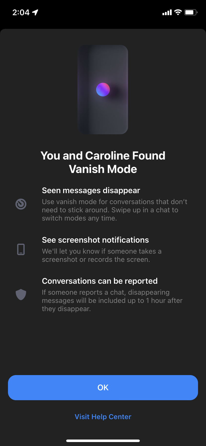 The Vanish Mode intro screen, which explains that messages disappear, screenshots are notified, and conversations can be reported.