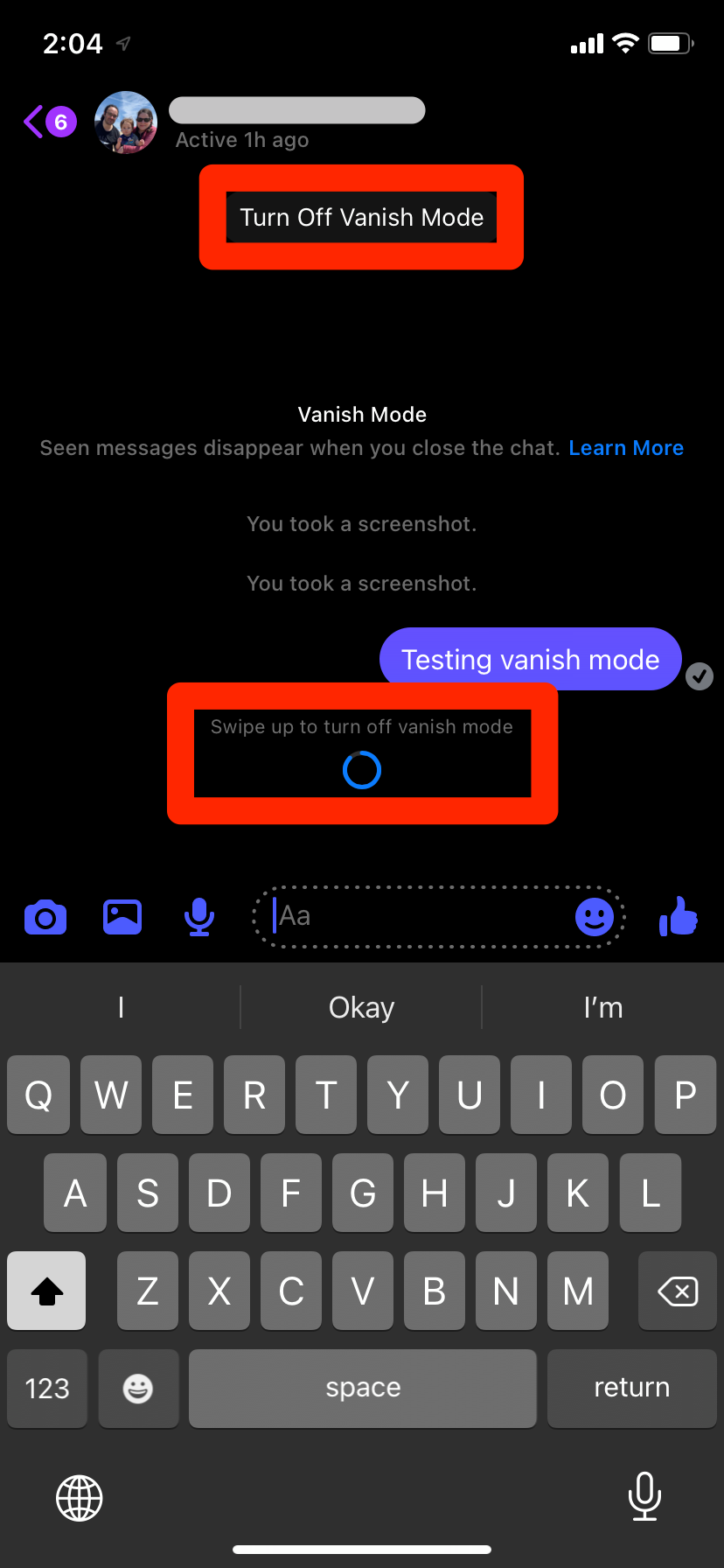 A Vanish Mode page in Messenger. The two ways to exit Vanish Mode are highlighted.