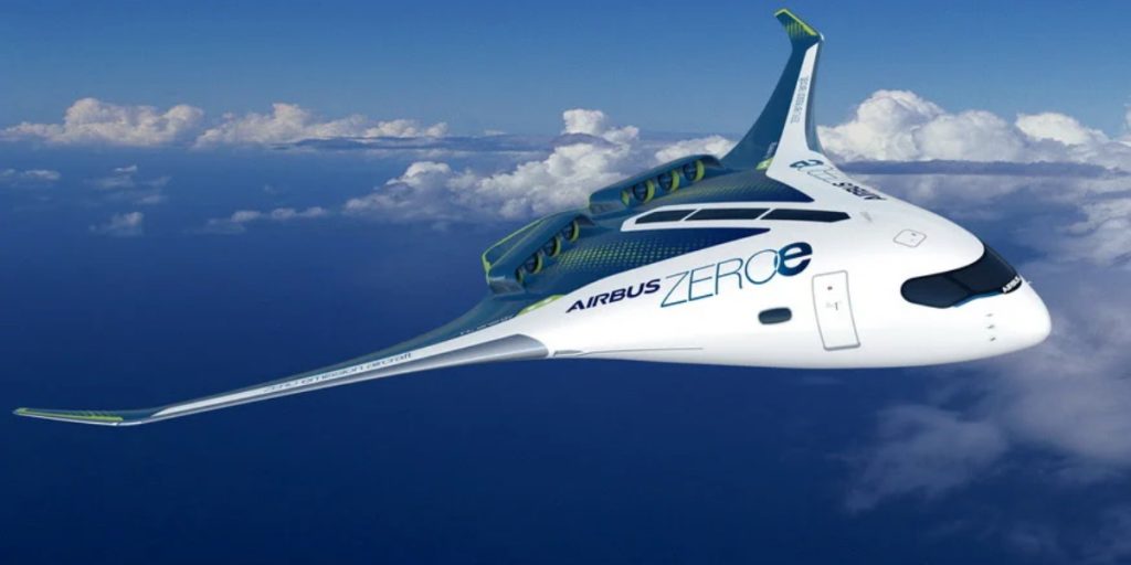 Conceptontwerp van de Europese vliegtuigbouwer Airbus voor een monovleugeltoestel op waterstof.