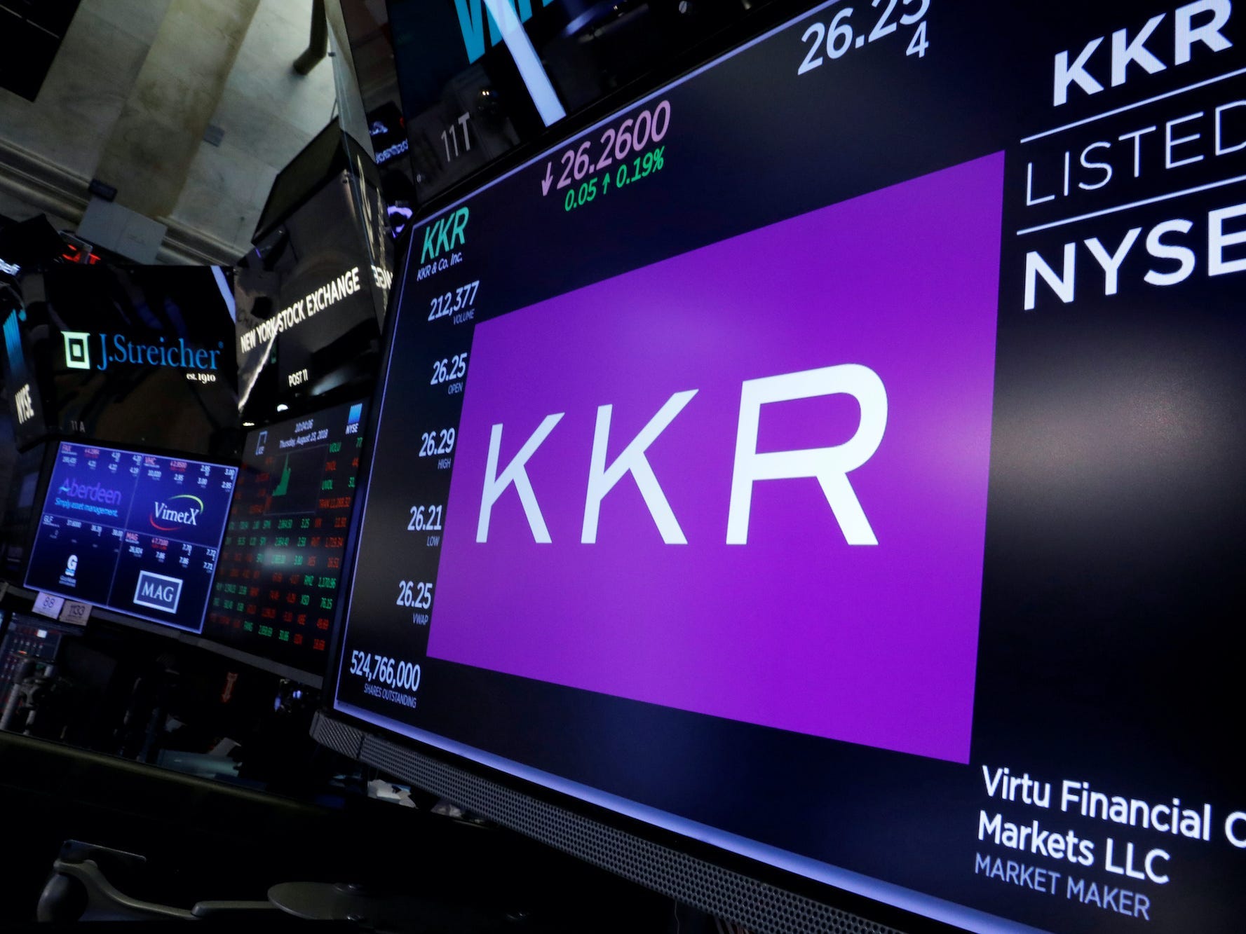 KKR's logo on a screen at the New York Stock Exchange.