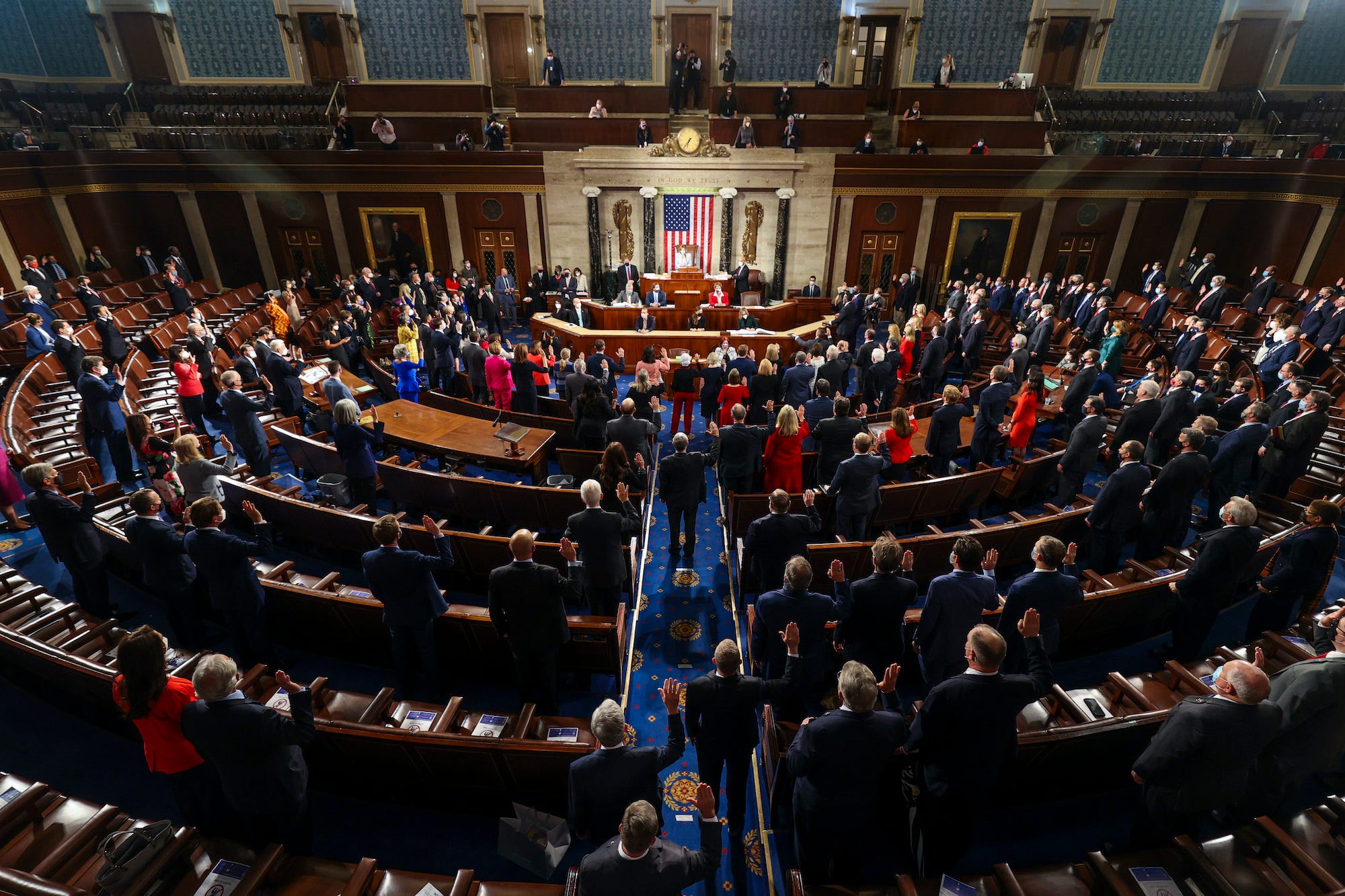 Speaker of the House Nancy Pelosi swears in new members of congress during the first session of the 117th Congress in the House Chamber at the US Capitol on January 03, 2021 in Washington, DC.