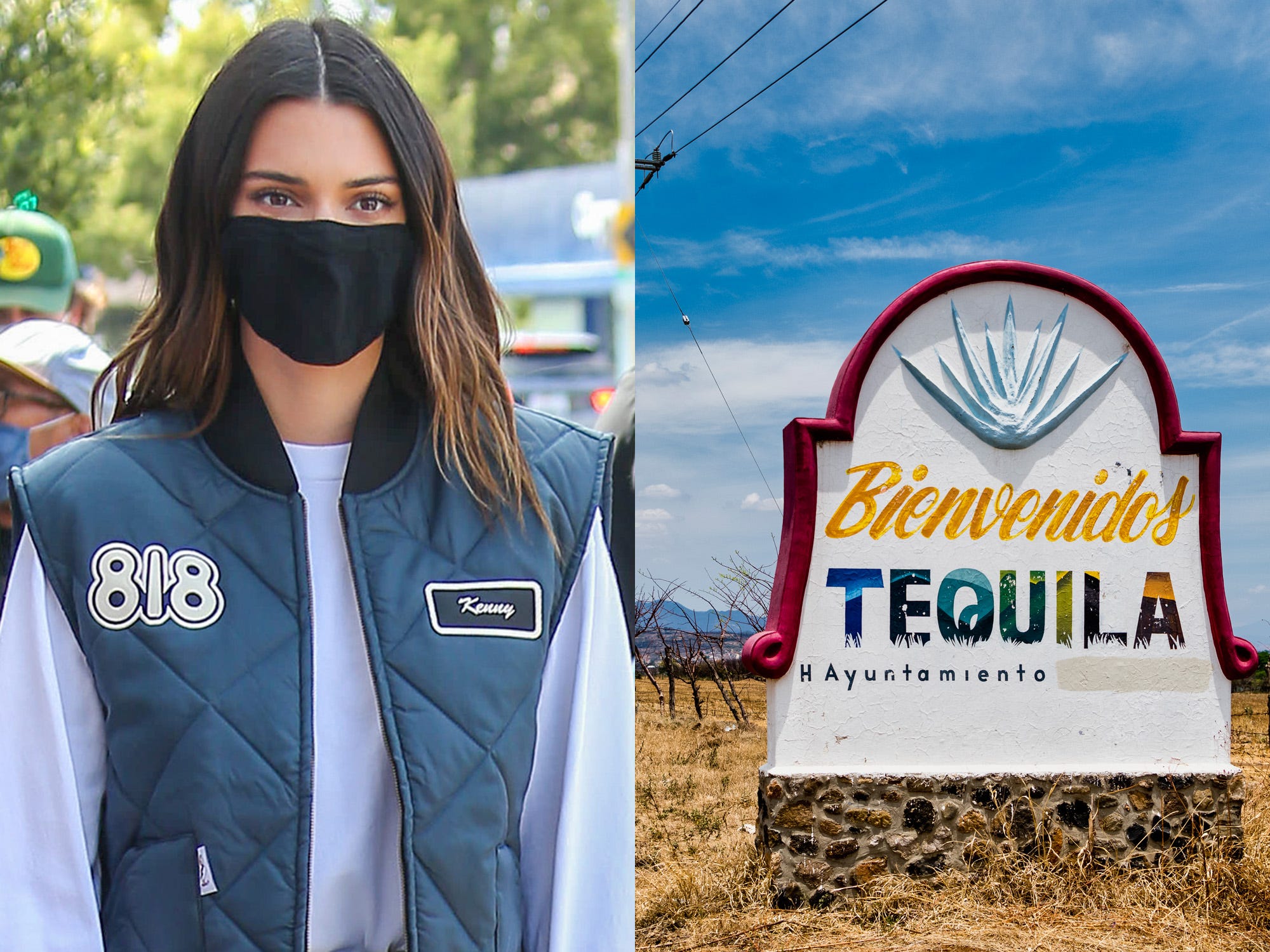 Kendall Jenner wearing an 818 tequila vest and a "Welcome to Tequila" sign