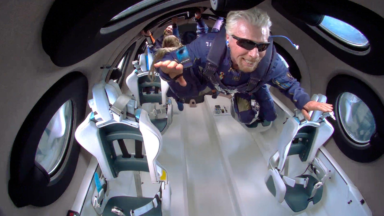 Richard Branson in space aboard a Virgin Galactic rocket plane.