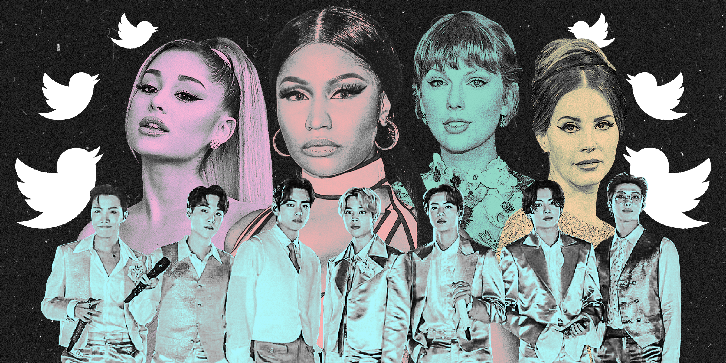 Ariana Grande, Nicki Minaj, Taylor Swift, Lana Del Rey, and BTS on a black background with white Twitter birds forming an arch over their heads.