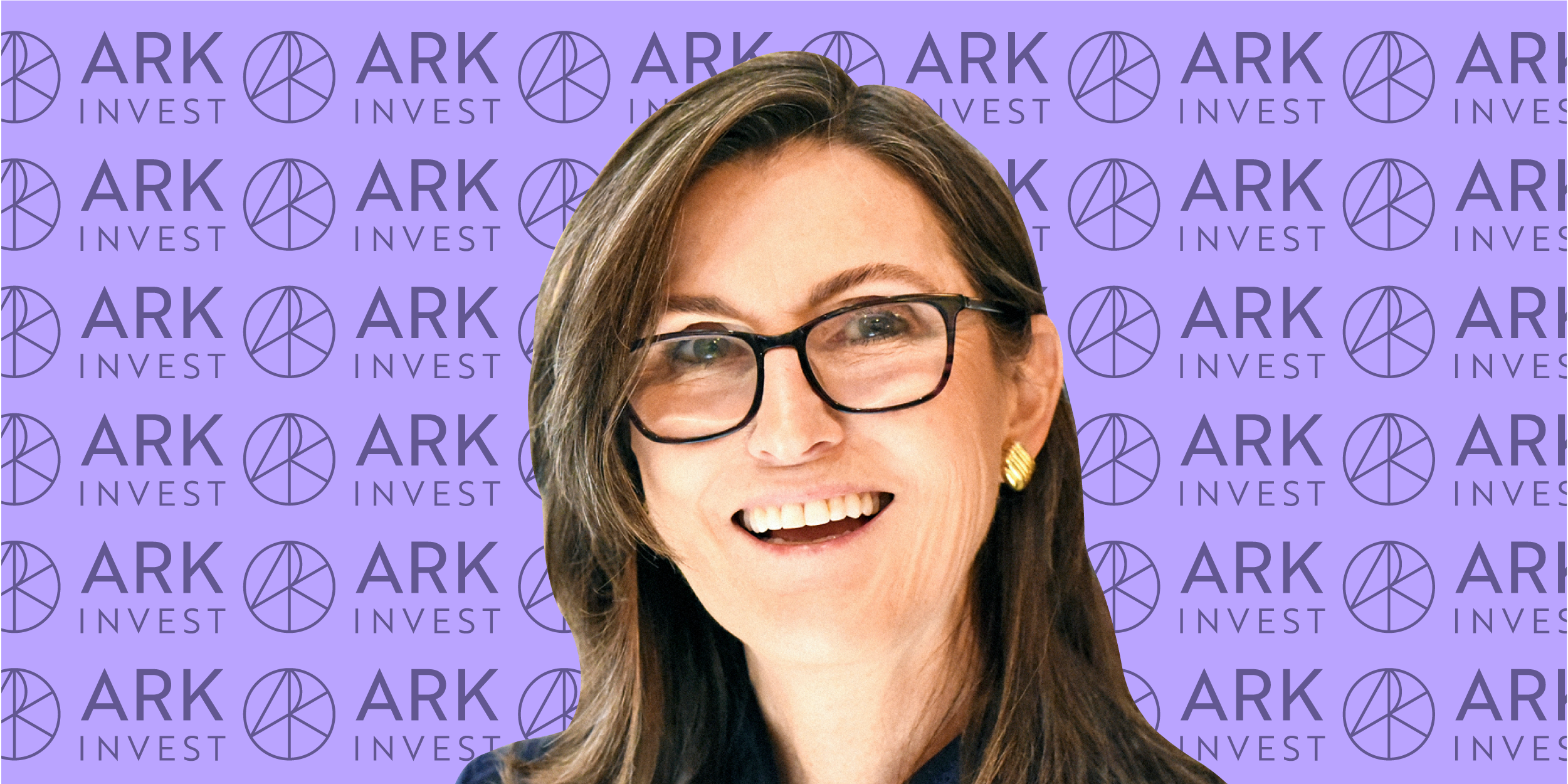 Cathie Wood, CEO and chief investment officer of ARK Invest, on a purple background with the Ark Invest logos patterned behind her.