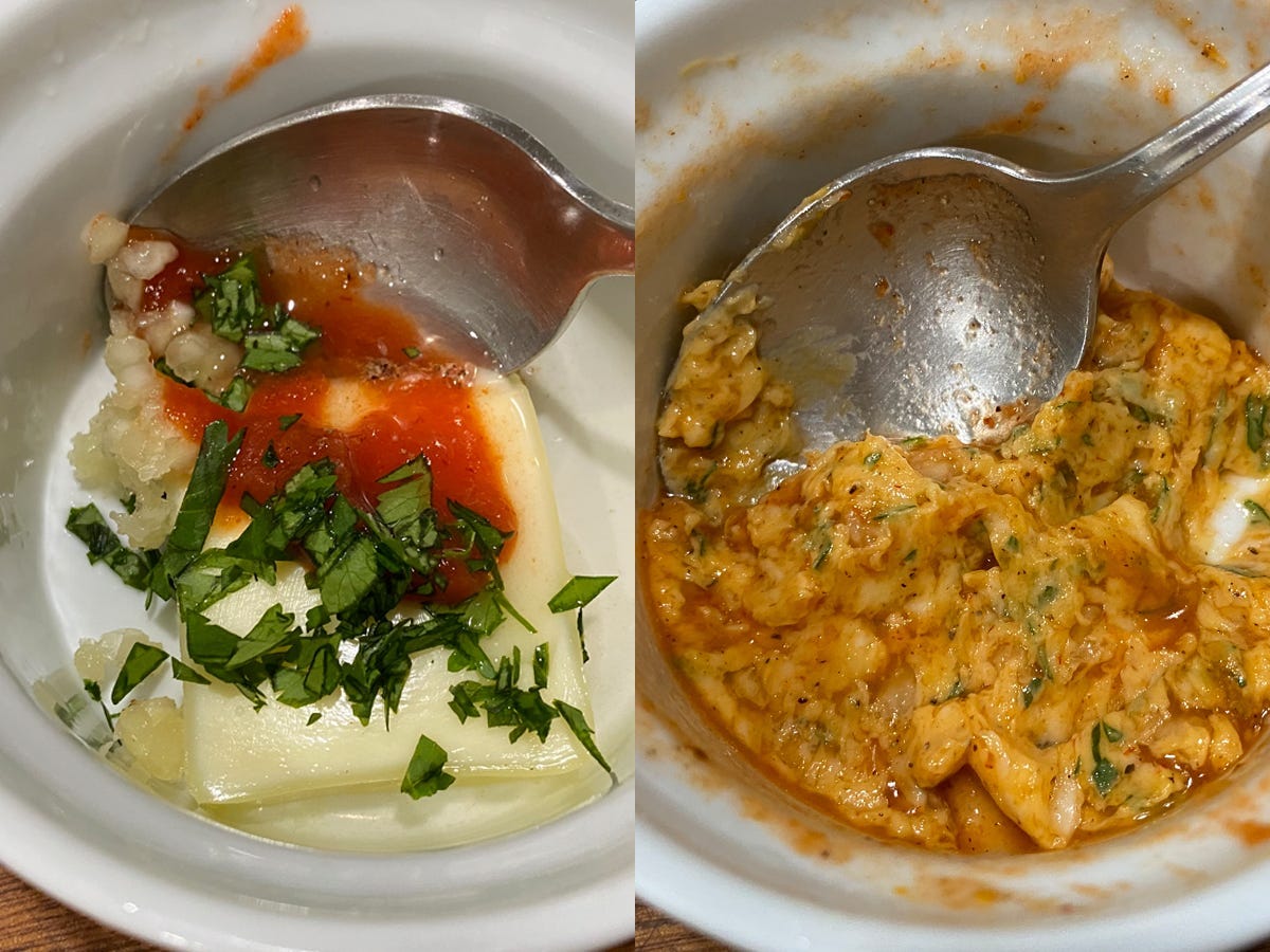 Before and after photos of mixed butter with chili.