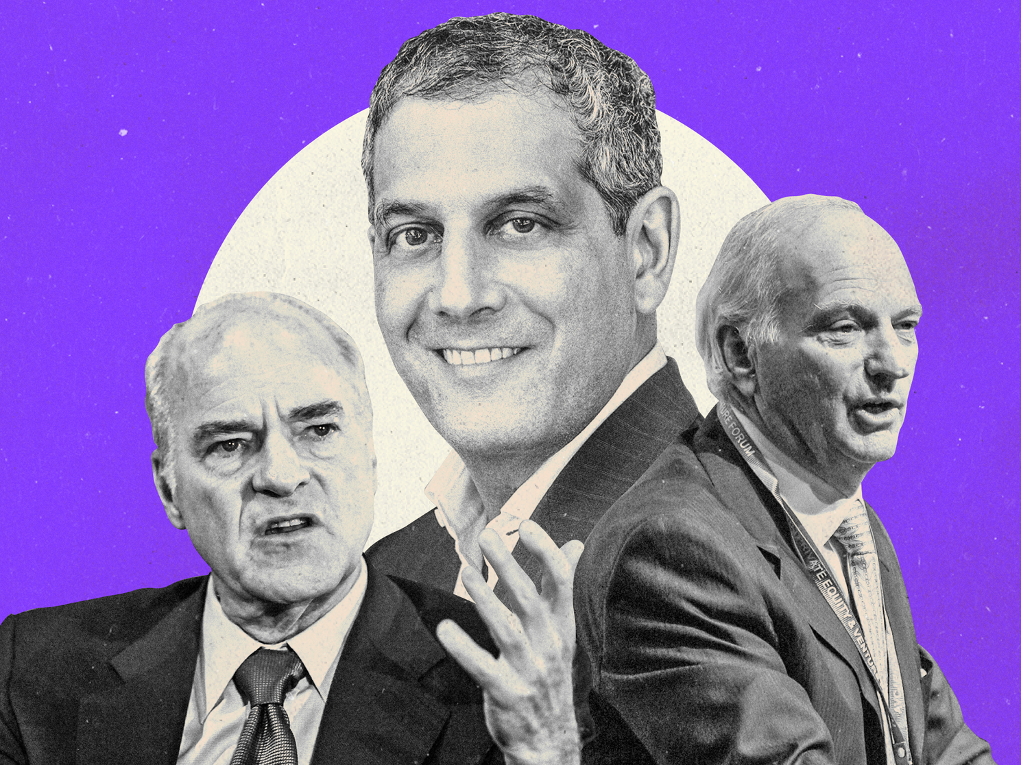 Jim Momtazee, Henry Kravis, and George Roberts on a bright purple background.