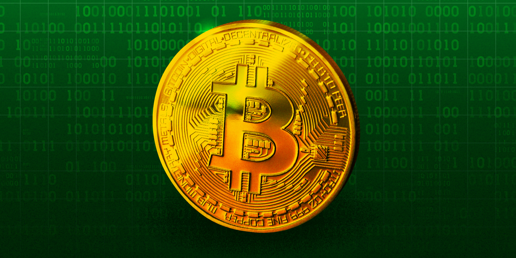 Bitcoin coin on green financial background