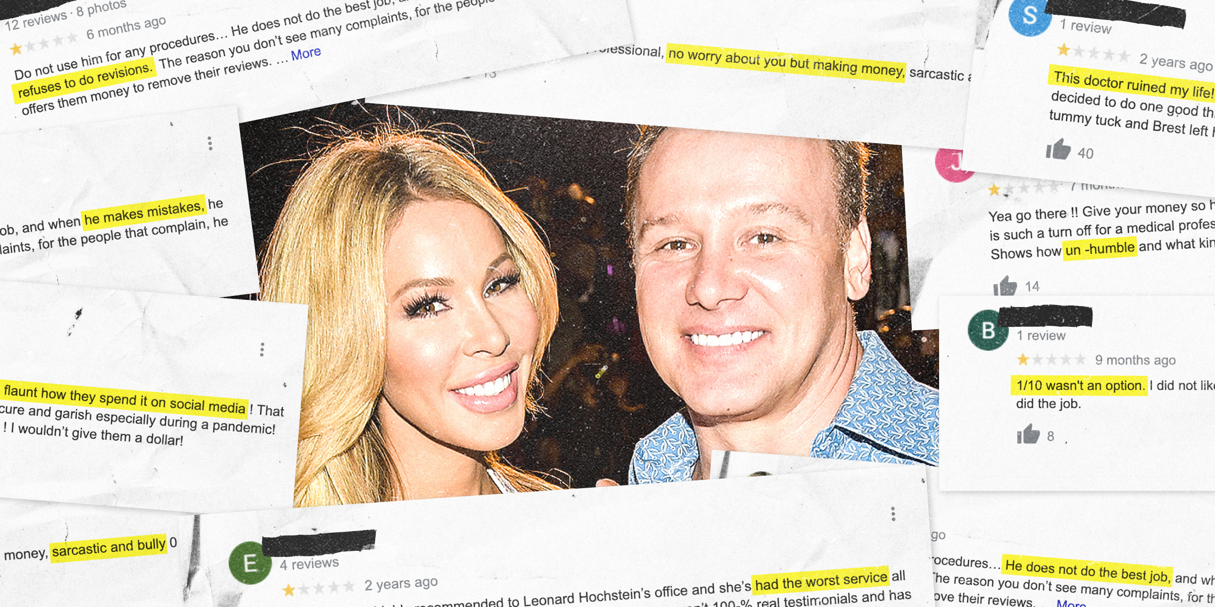 A photo of TV personality Lisa Hochstein and Dr. Leonard Hochstein surrounded by one-star reviews.