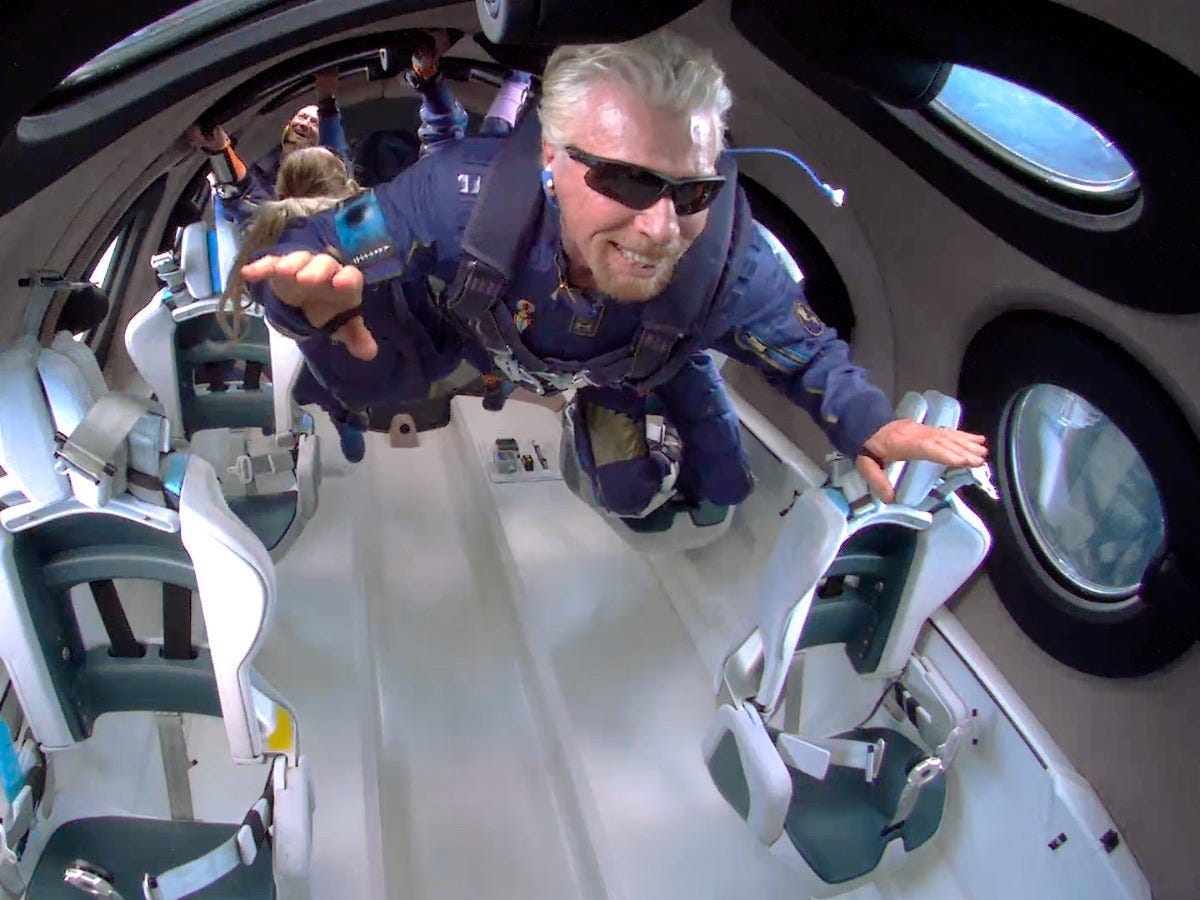 Richard Branson in space aboard a Virgin Galactic rocket plane.