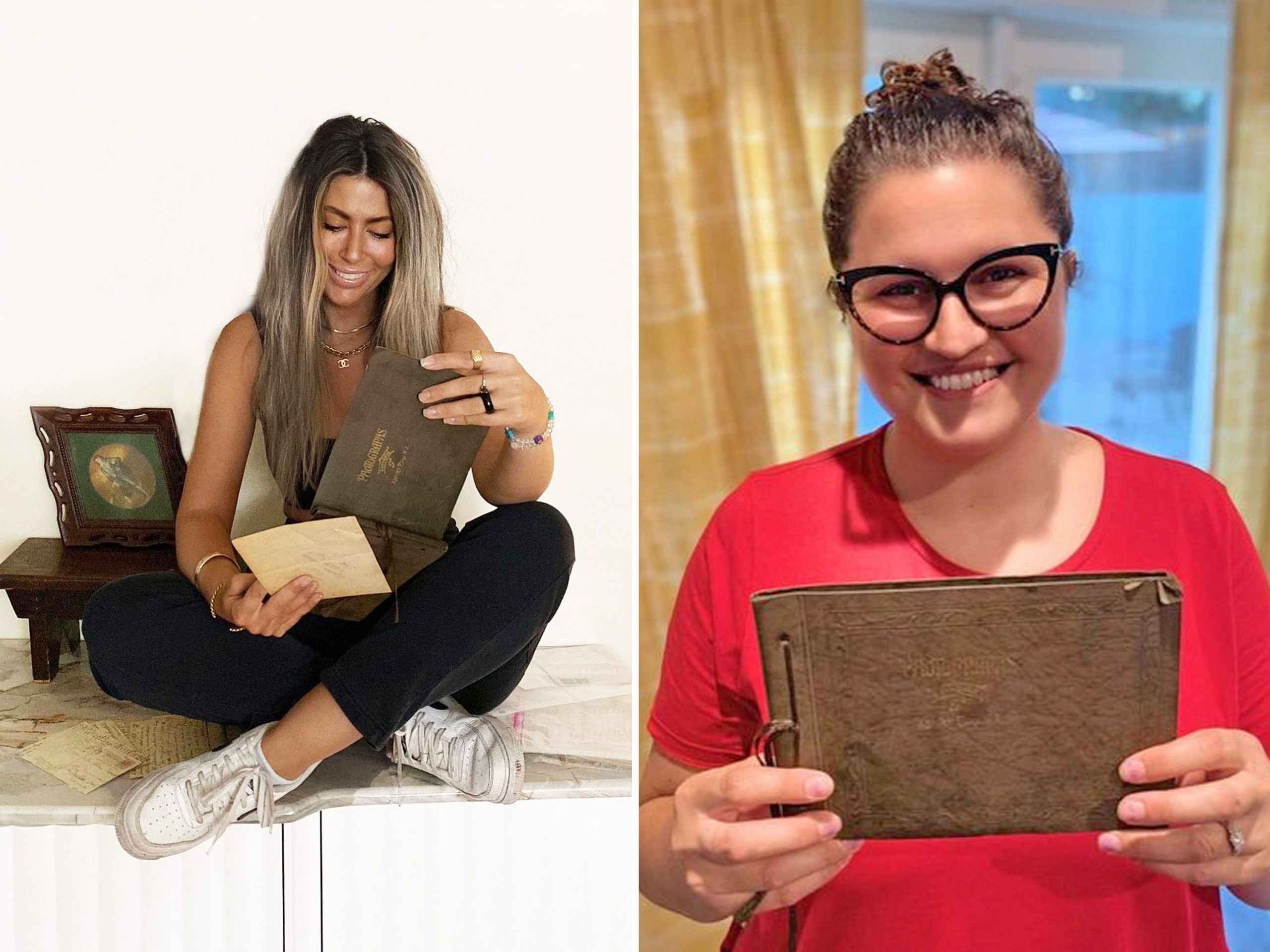 left: girl who found the heirloom sits with it smiling, right: heirloom receiver holds it while smiling