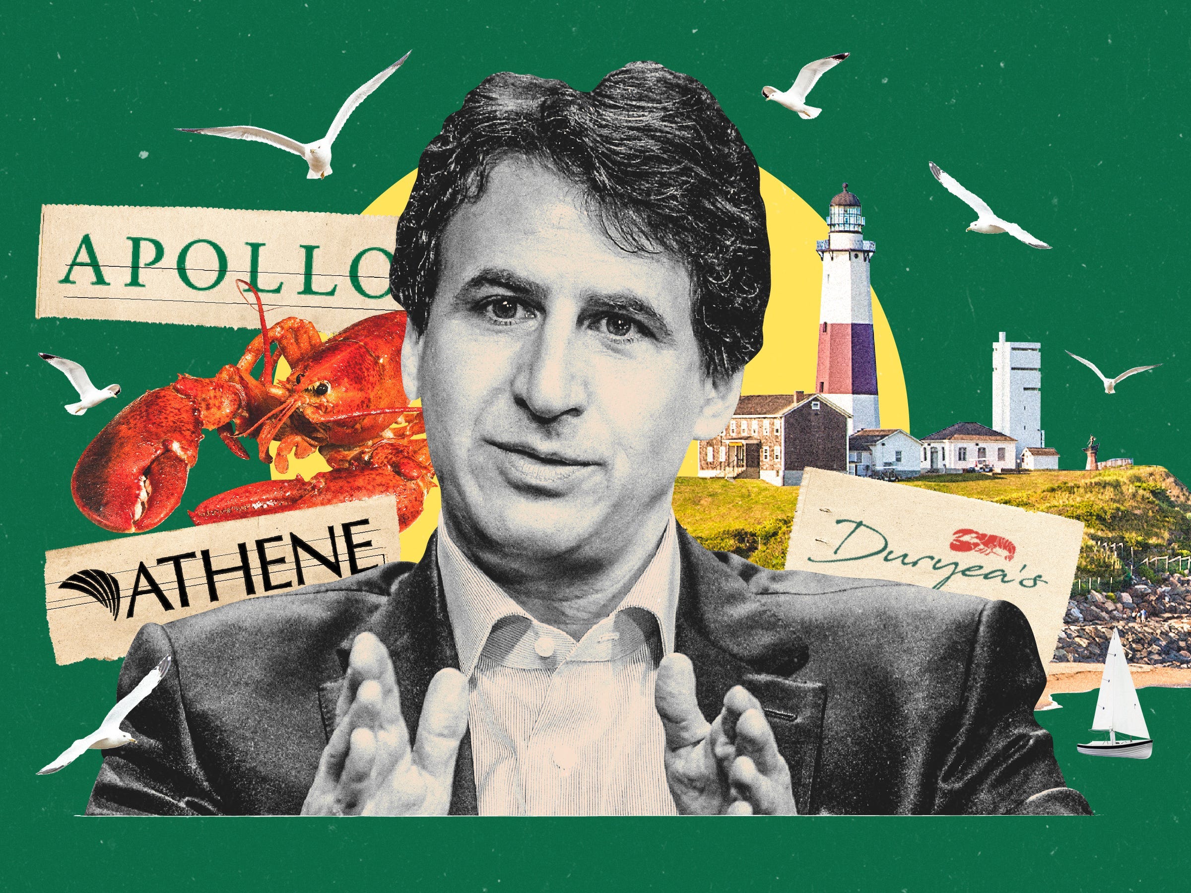 Apollo CEO Marc Rowan with seagulls, the Montauk Lighthouse, a lobster, sailboat, and pieces of papers with the Apollo Global Management and Athene Holding logos on it on a green background.