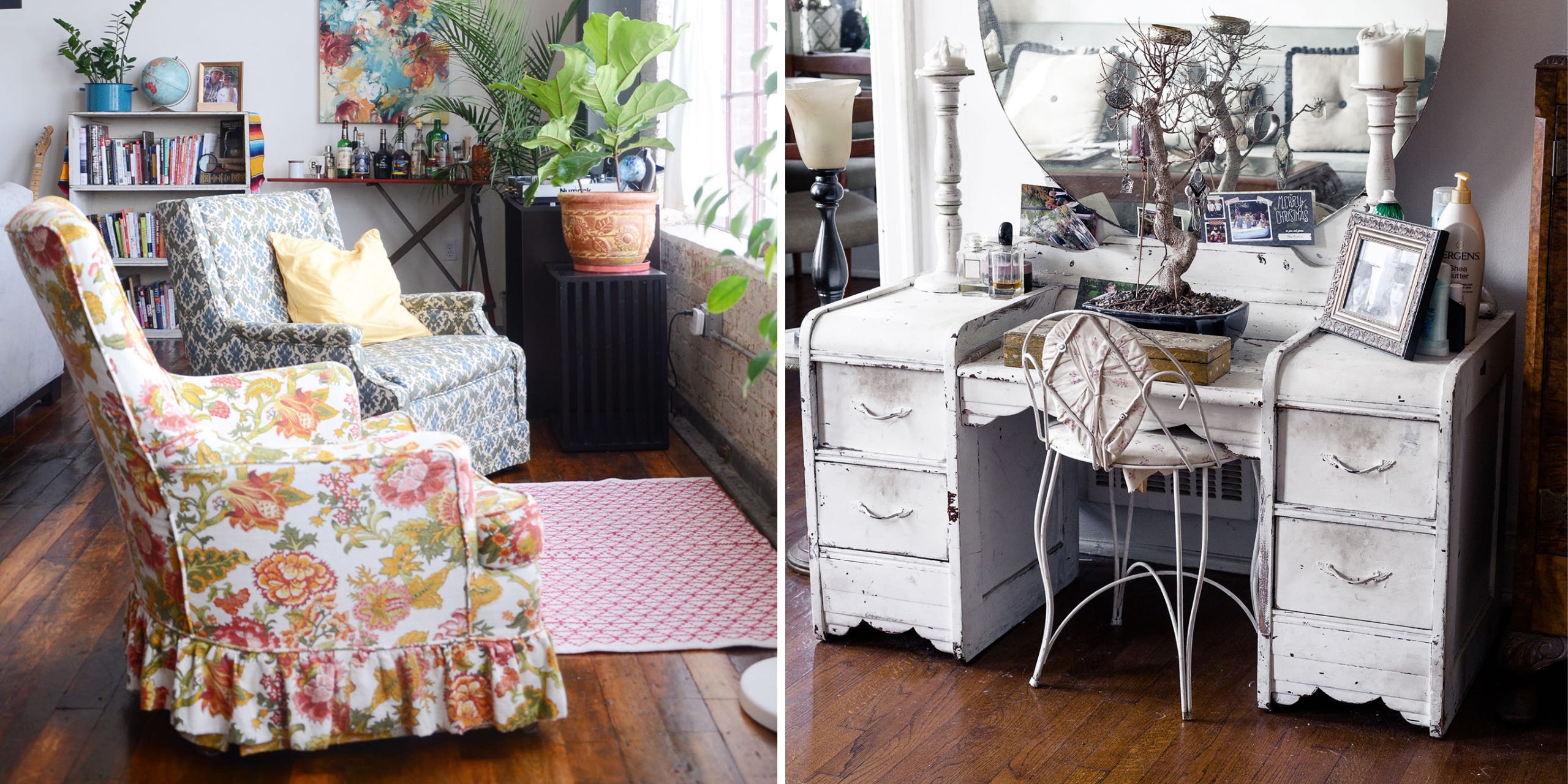 Vintage, colorful, floral arm chairs, at left, and a white vintage desk with matching chair, at right