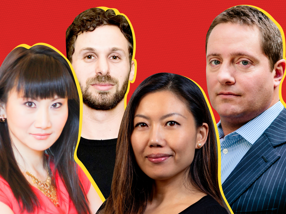 Staggered headshots of Junheng Li, Zac Dychtwald, Jing Sima, and Carson Block (left to right) on a red background with a yellow outline