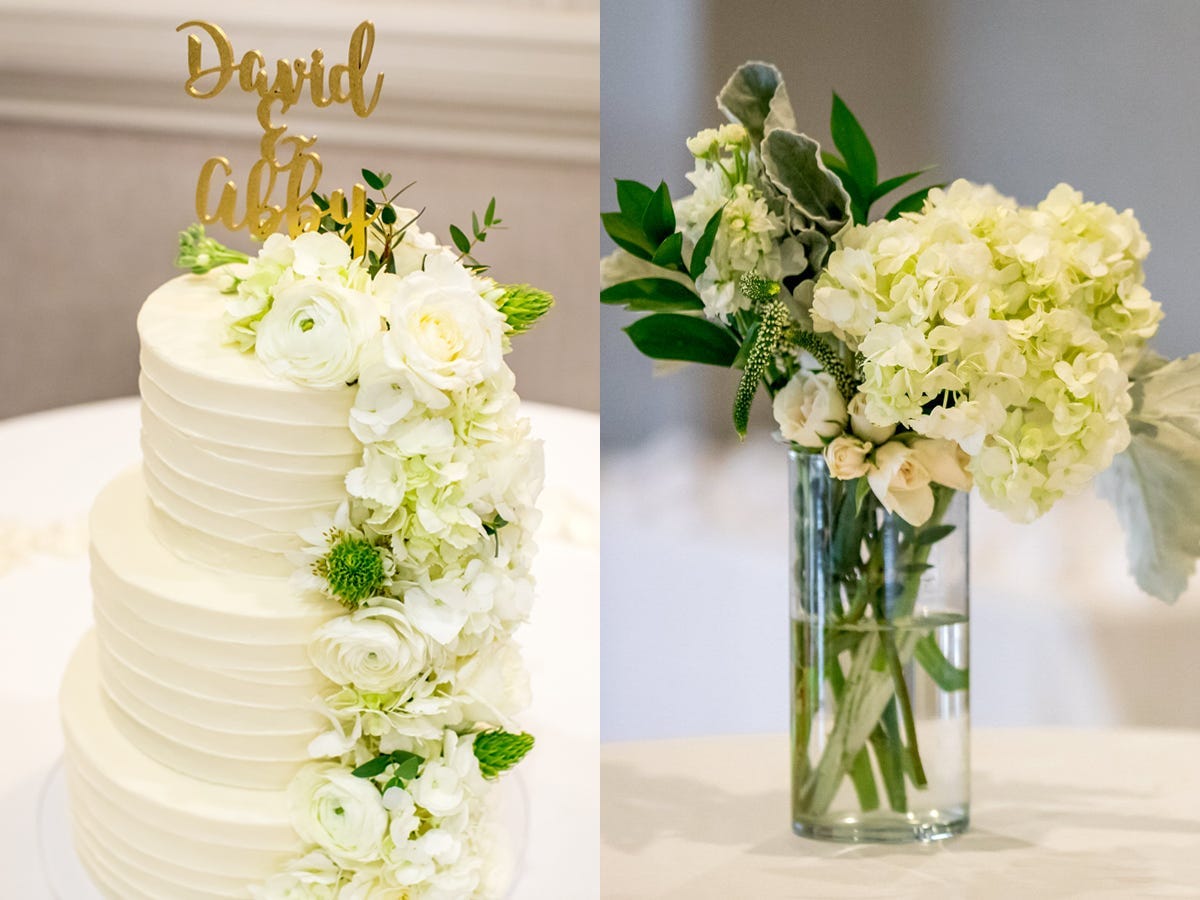 Side by side image of cake with flowers and white roses in a vase.