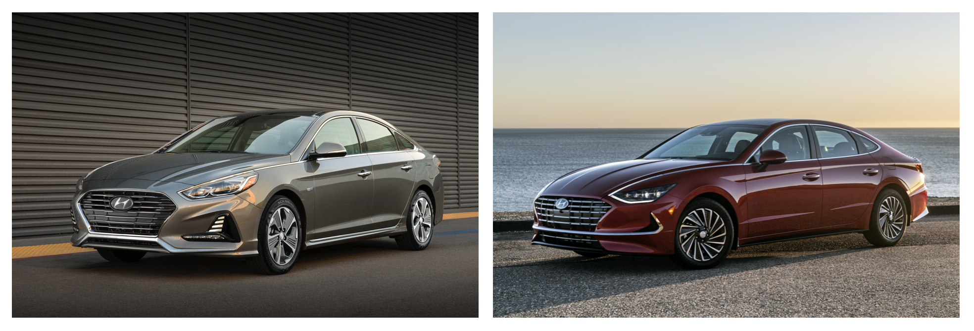 The 2018 Sonata Hybrid's basic styling next to the 2022 Sonata Hybrid's new, more angular styling.