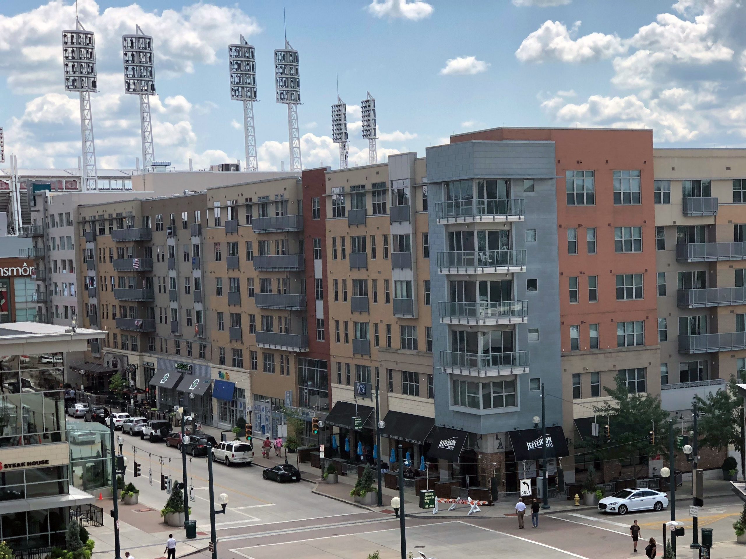 A view of the banks, with colorful builds and streets