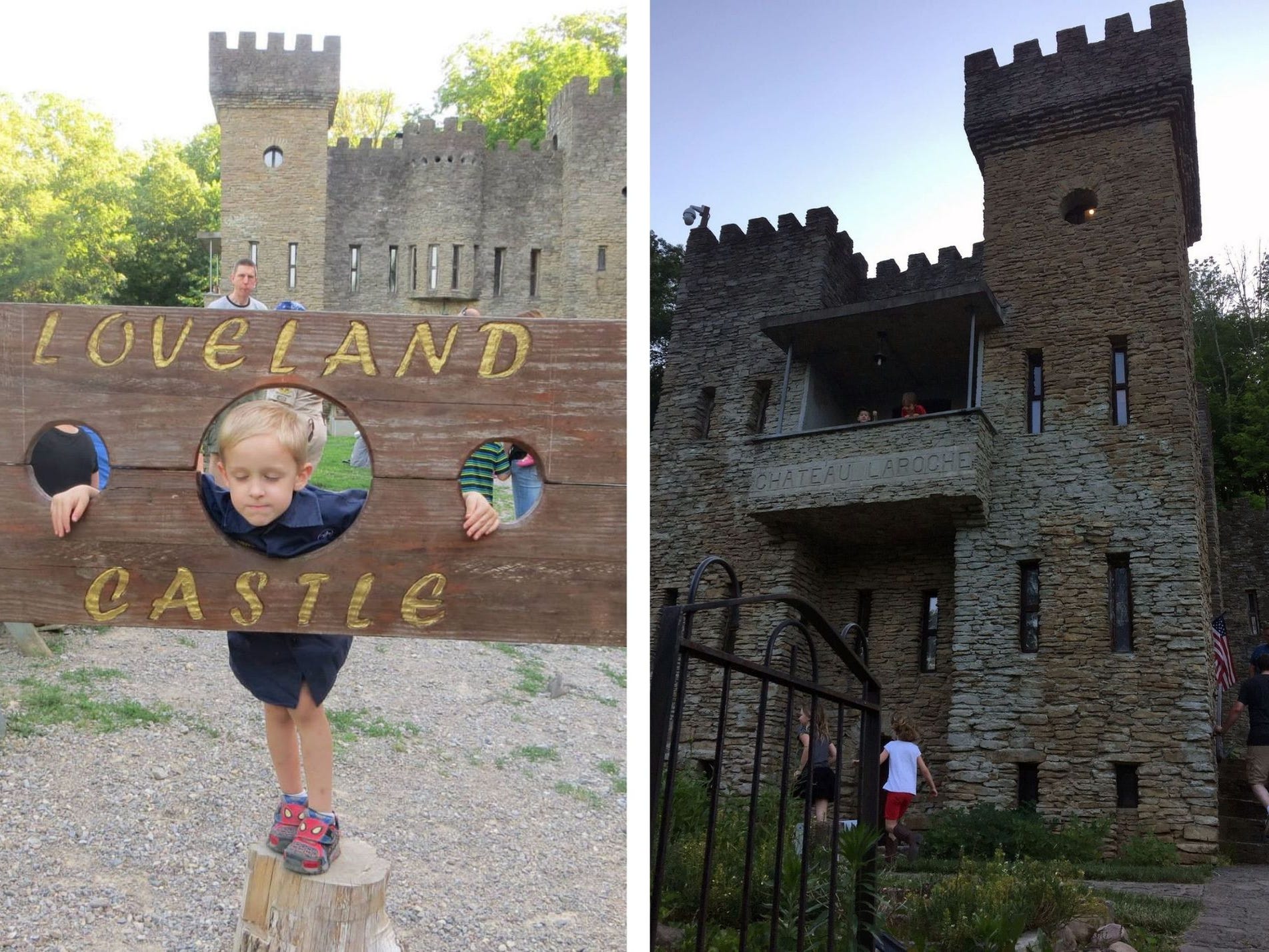 On the left, someone in a sign saying Loveland Castle. On the right, a view of the castle.