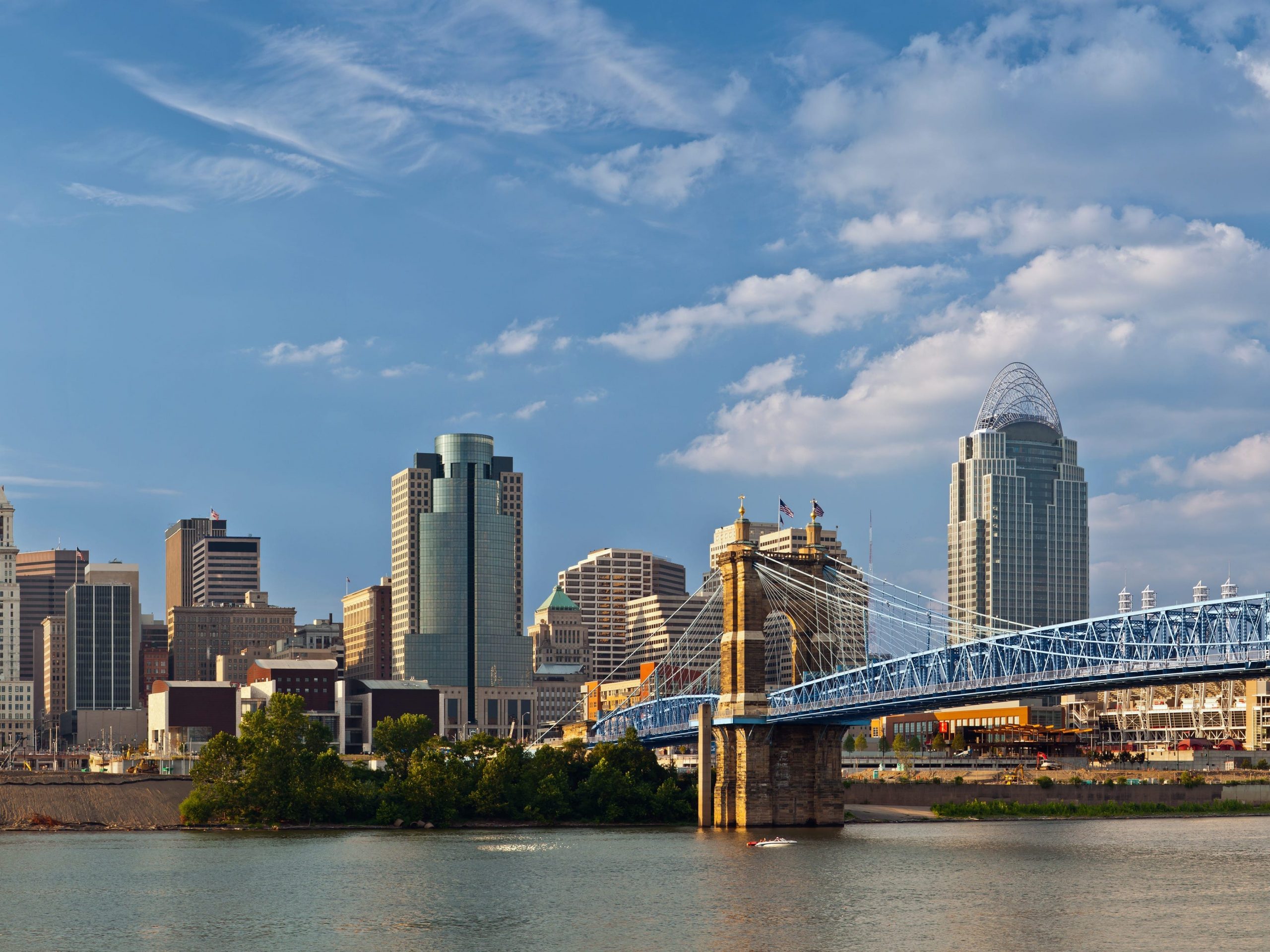 view of the Ohio River and Cincinnati skyline with blue skies