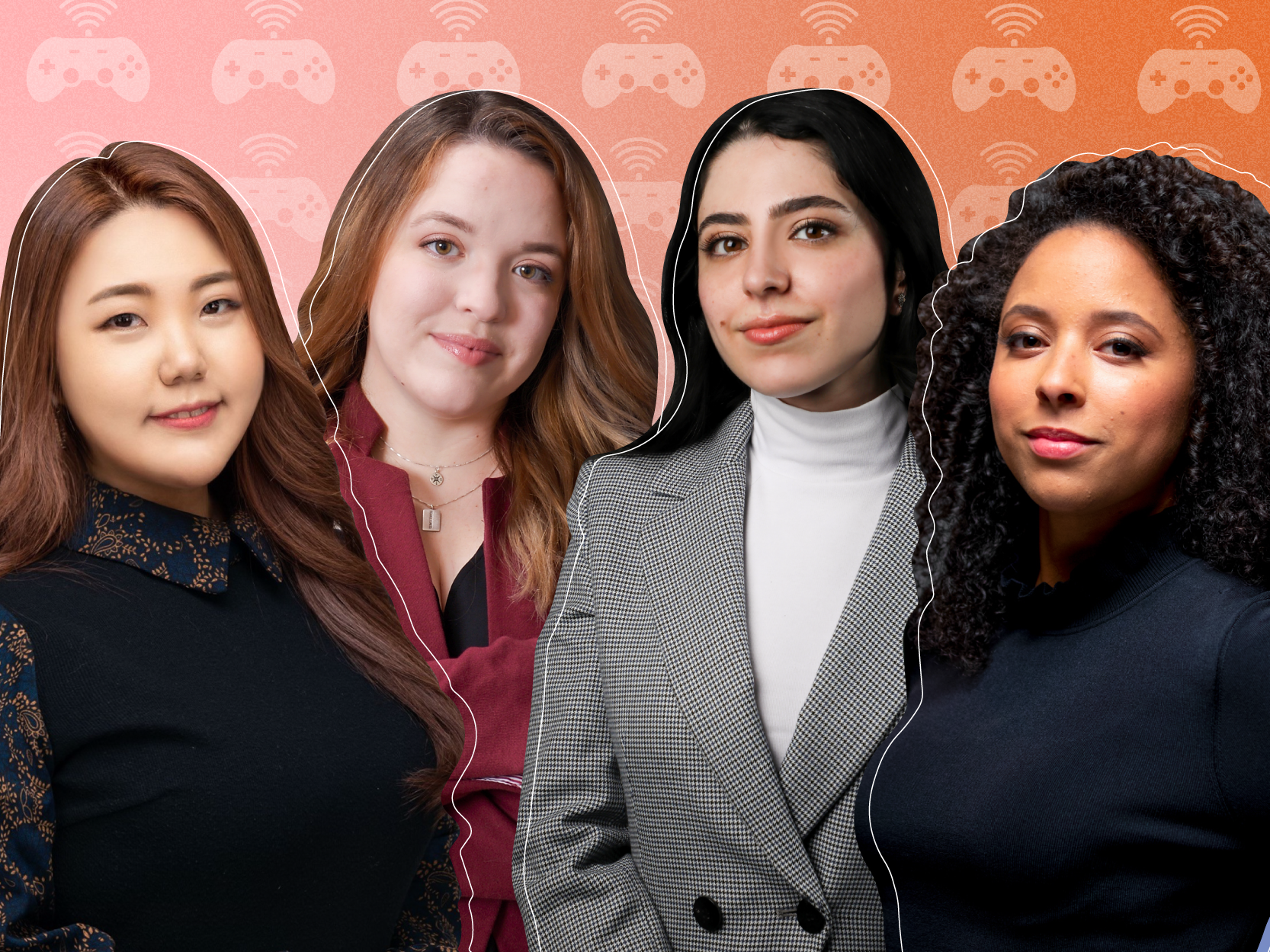 Collage of women who are making an impact in gaming and esports, including Nicole LaPointe Jameson, Haya Al Qadi, Libby Kamen, and Kyoung-ey Kim on orange and pink background with gaming controller icons 4x3