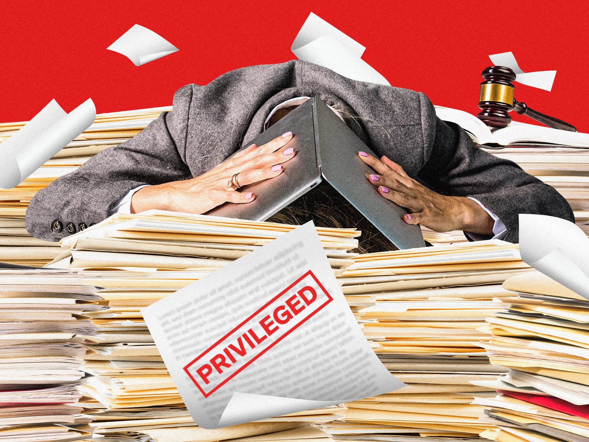 A stressed big law worker with a laptop over her head surrounded by file folders and a gavel to the right side on a red background. Papers are up in the air and a document stamped with "PRIVILEGED" is in the very front.
