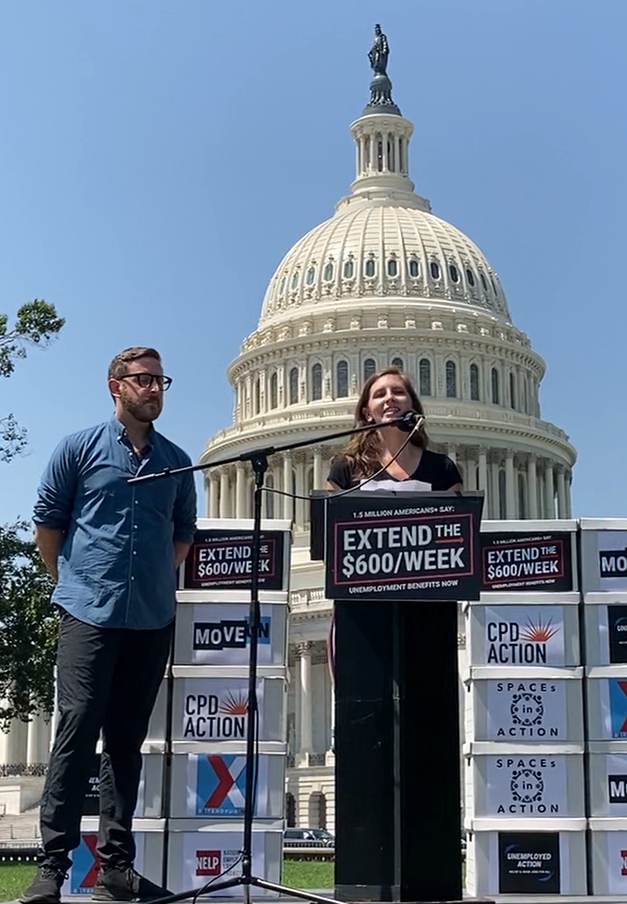 Stephanie Freed speaking at an Extend PUA action