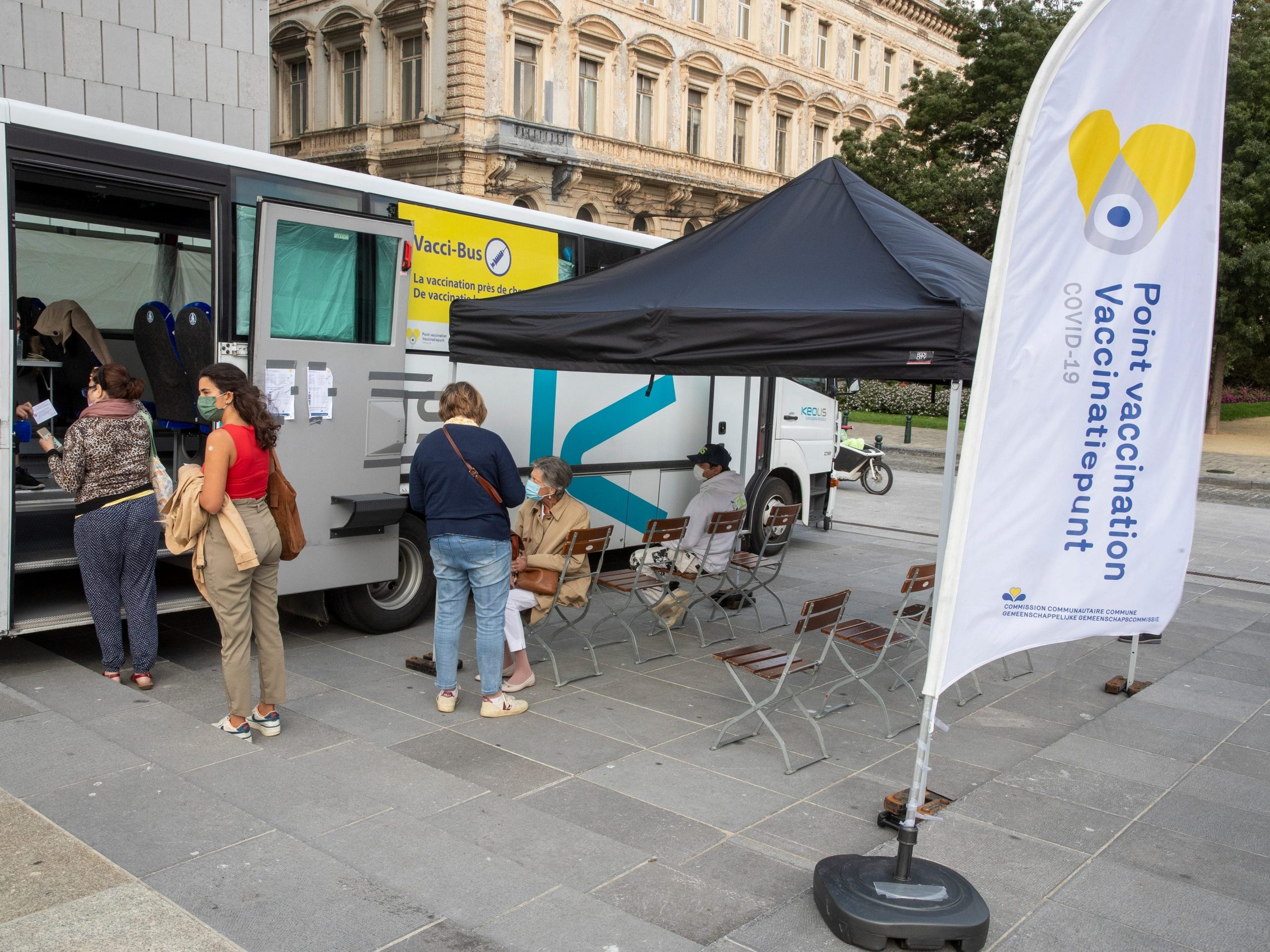 Vacci-bus, a mobile vaccination point, parket at the 'Back to Stage' event, in the center of Brussels, Thursday 19 August 2021.
