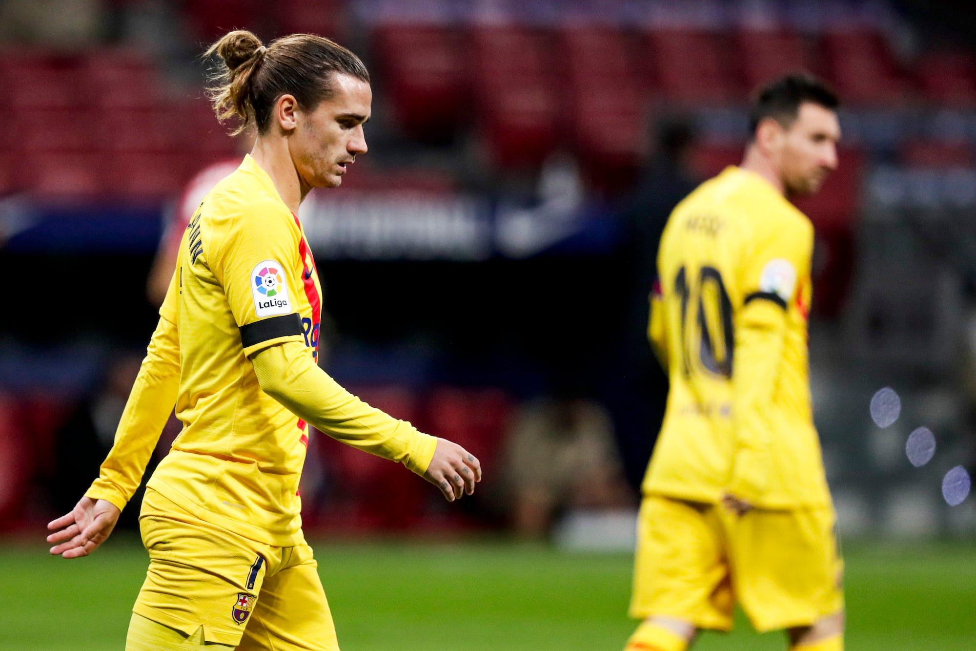 Antoine Griezmann of FC Barcelona, Lionel Messi of FC Barcelona during the La Liga Santander match between Atletico Madrid v FC Barcelona at the Estadio Wanda Metropolitano