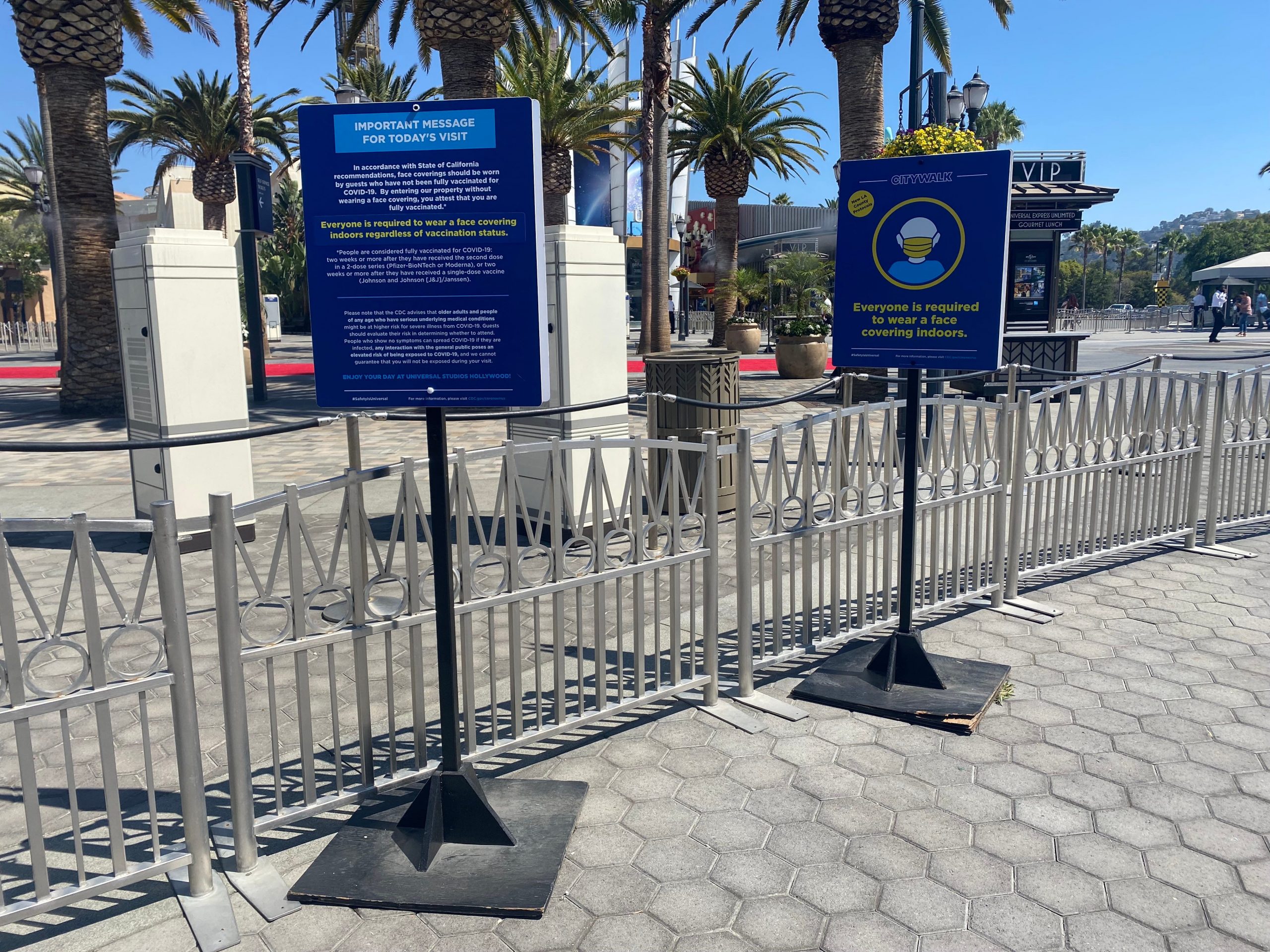 Universal Studios Hollywood covid-19 signs in August 2021.