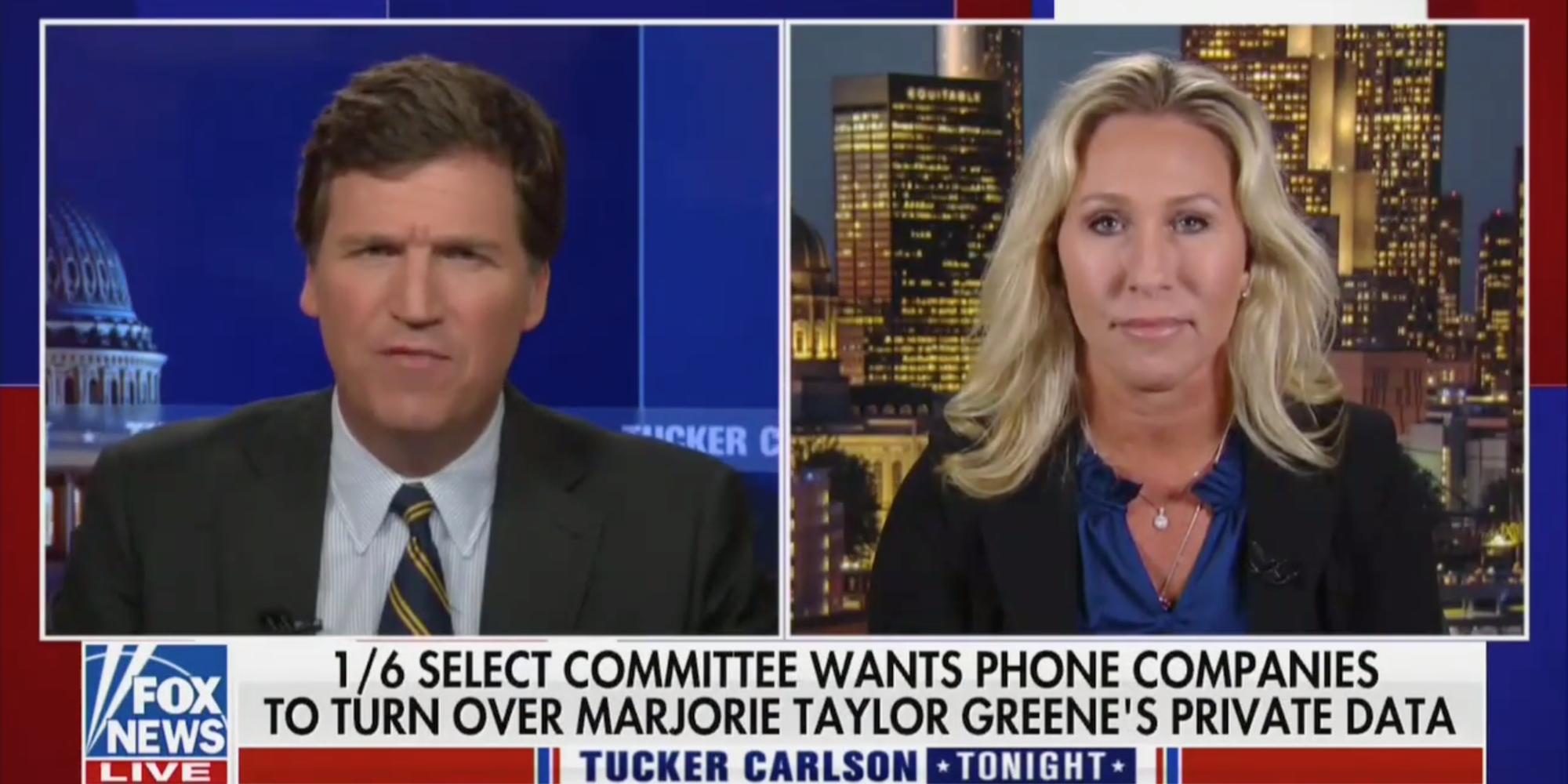 Rep. Marjorie Taylor Greene and Tucker Carlson on Fox News' 'Tucker Carlson Tonight.' Chyron reads: "1/6 Select Committee wants phone companies to turn over Marjorie Taylor Greene's private data.'