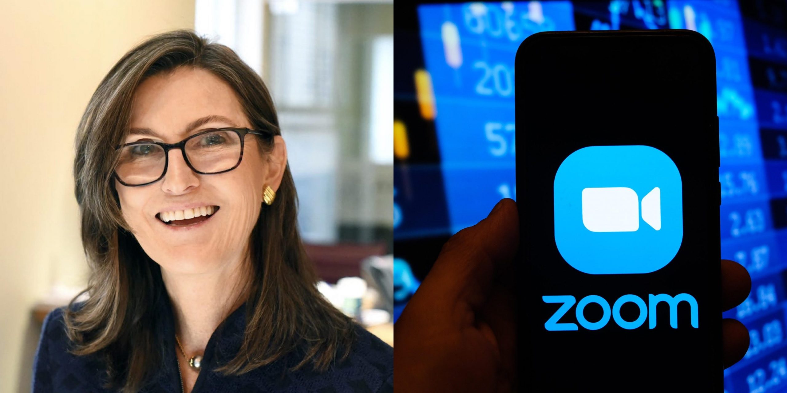 In this photo illustration a multiple exposure image shows a Zoom video logo displayed on a smartphone with stock market percentages in the background.