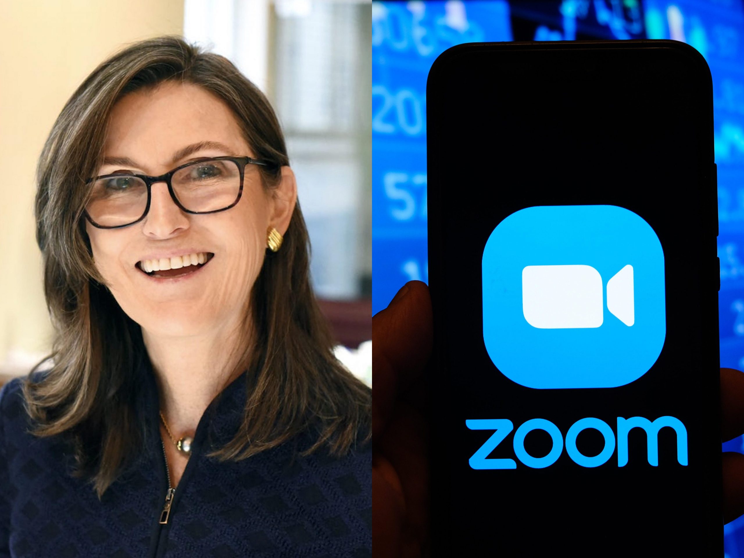 In this photo illustration a multiple exposure image shows a Zoom video logo displayed on a smartphone with stock market percentages in the background.