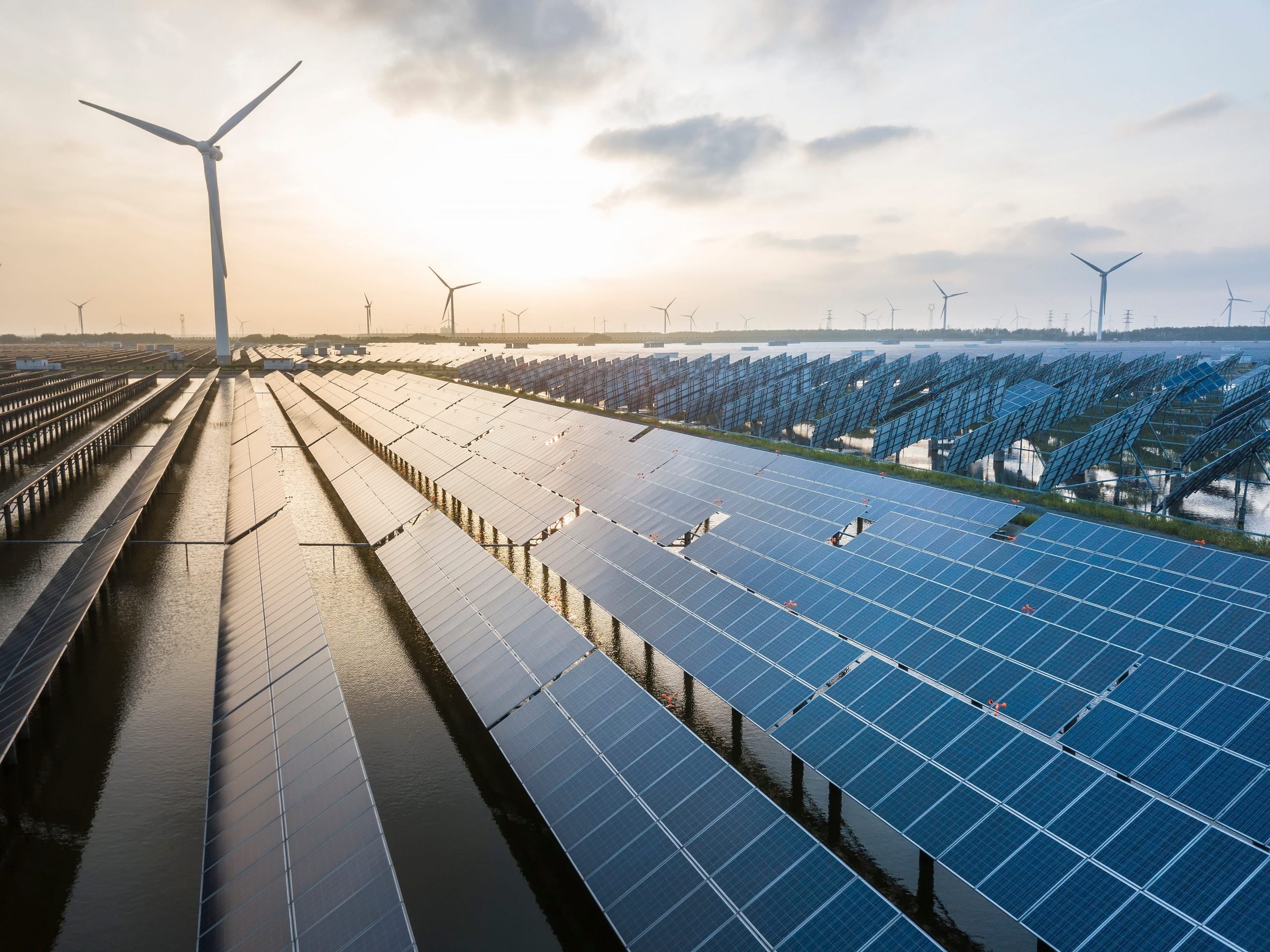 A field of solar panels facing to the left are shown in front of two dozen wind turbines, as the sun starts to set in the background.