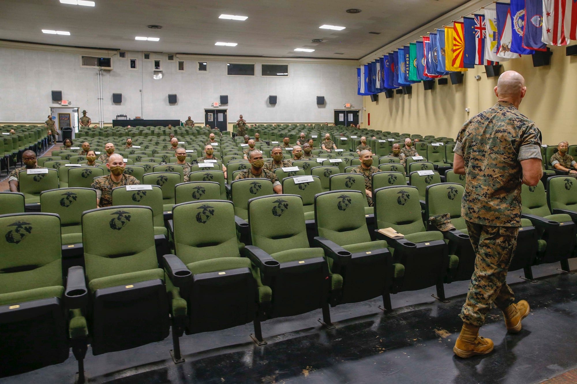 Marine instructors in masks at Parris Island