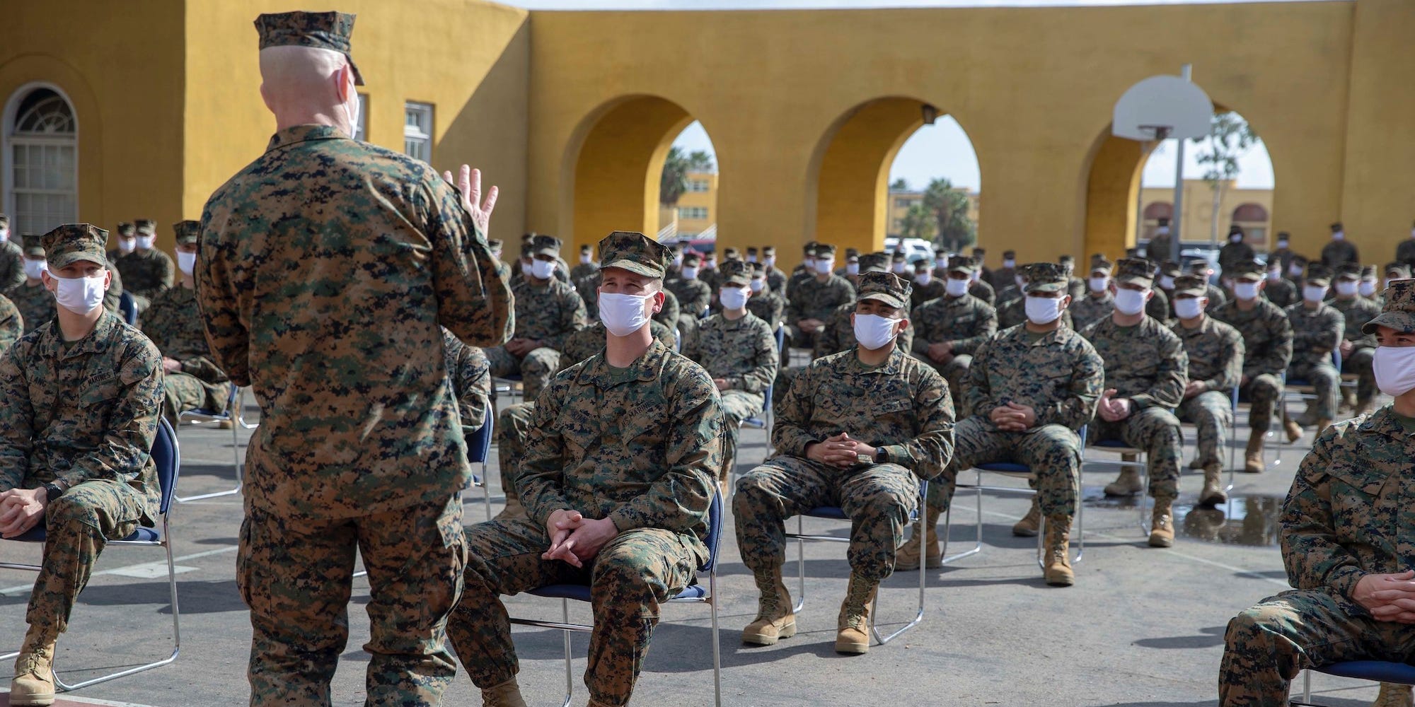 Marines in masks at boot camp in San Diego