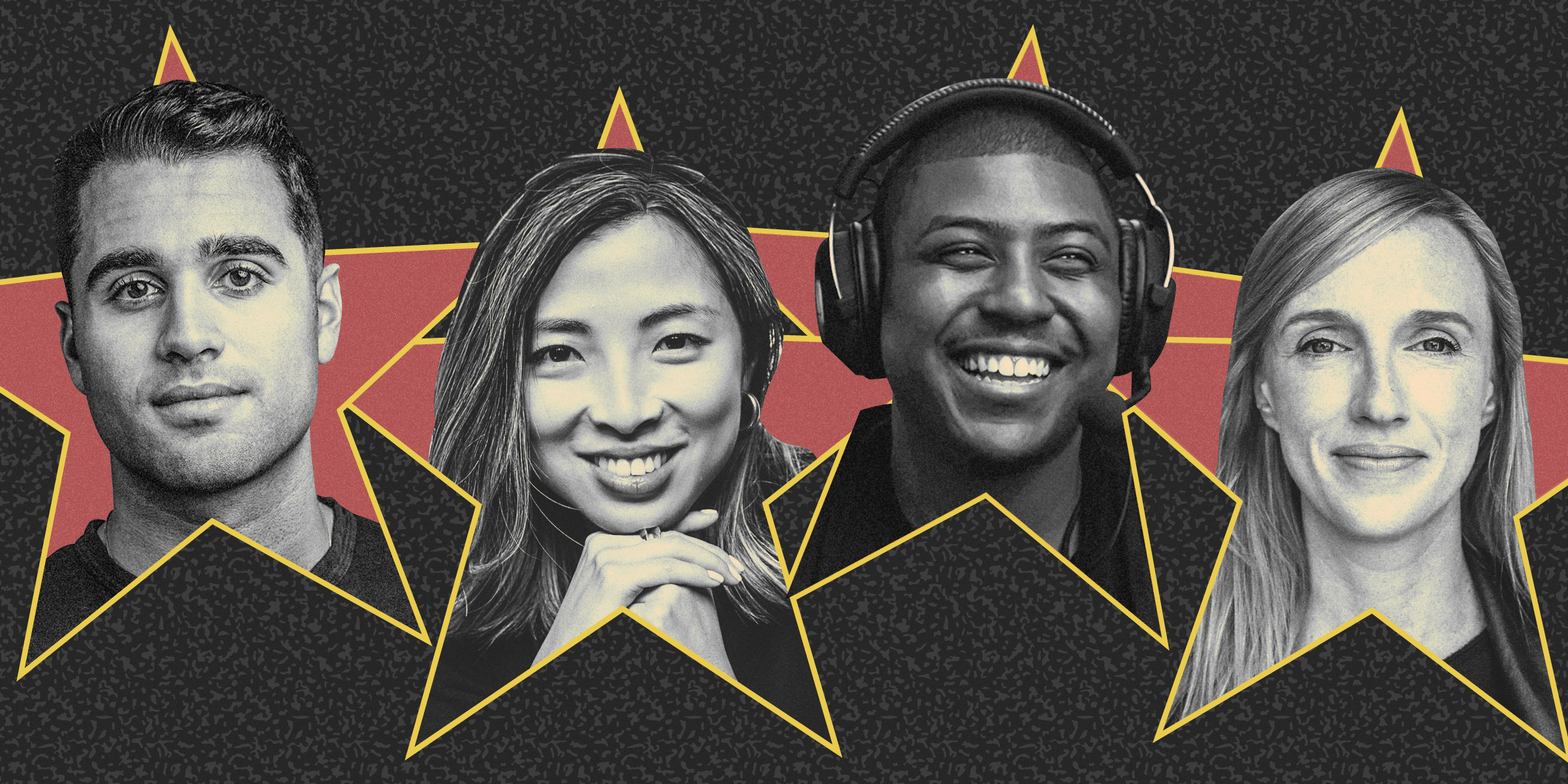 From left: Nigel Egrari, co-founder of Moment House, Dan Dan Li, CEO of Popshop Live, Delane Parnell, founder of PlayVS, and Christina Heller, CEO of Metastage inside Hollywood Walk of Fame stars on a black background