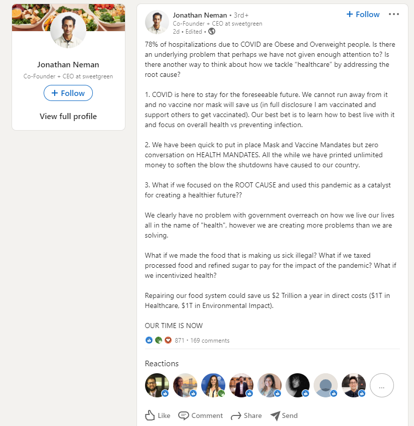 Sweetgreen CEO Jonathan Neman posted this on LinkedIn regarding the pandemic deaths. He later removed it.
